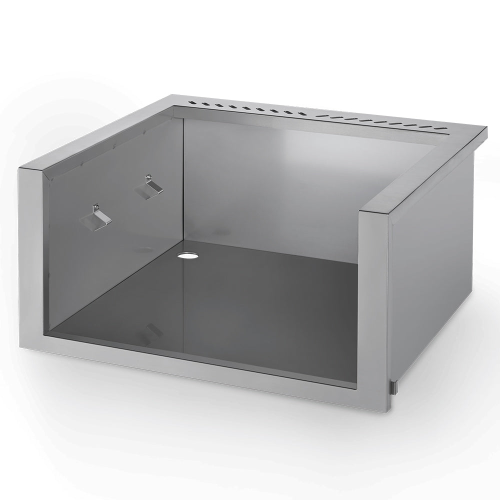 Stainless steel zero-clearance liner with open interior, vented top, and mounting tabs.