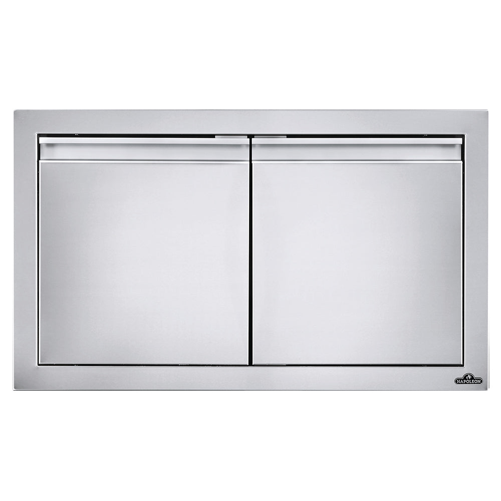 Napoleon stainless steel double-door cabinet with horizontal trim and central divider