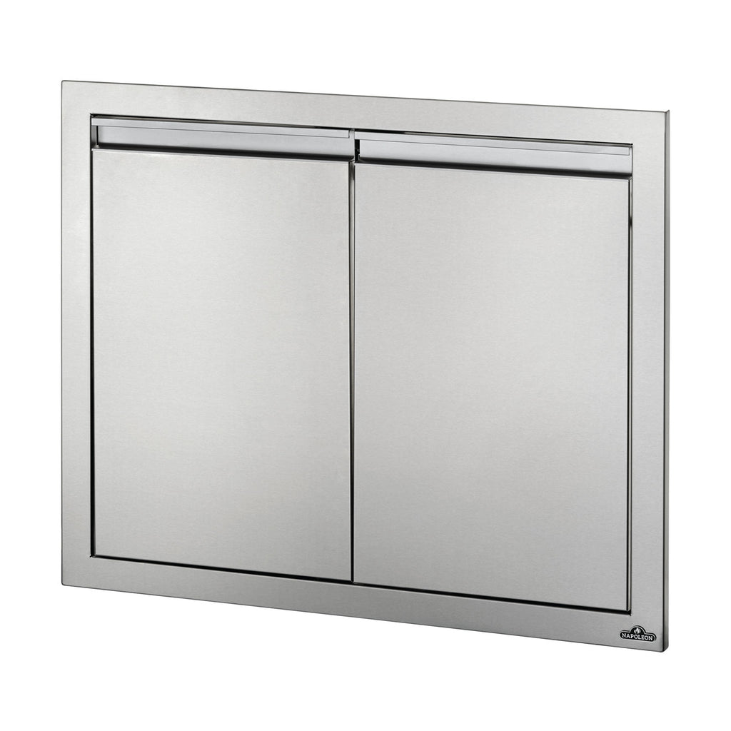 Double access doors with two panels, brushed metal frame, 30x24 in.