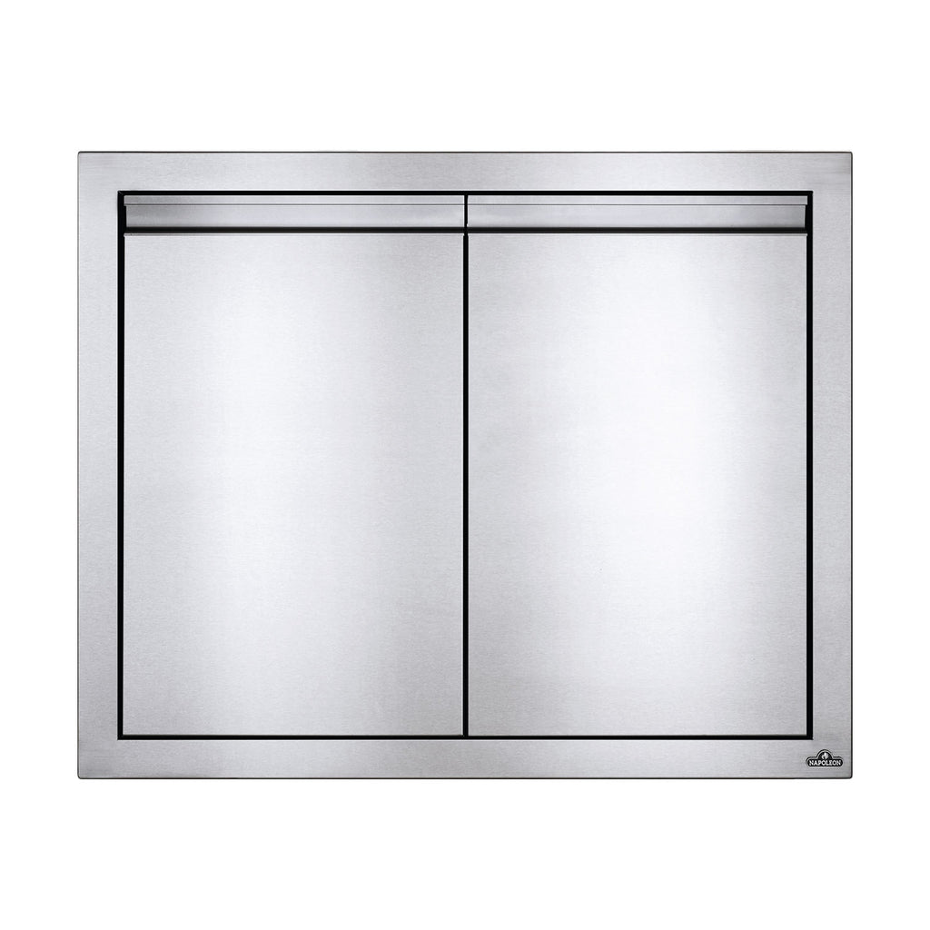 Double access doors with two hinged panels, dark border, brushed metal frame.
