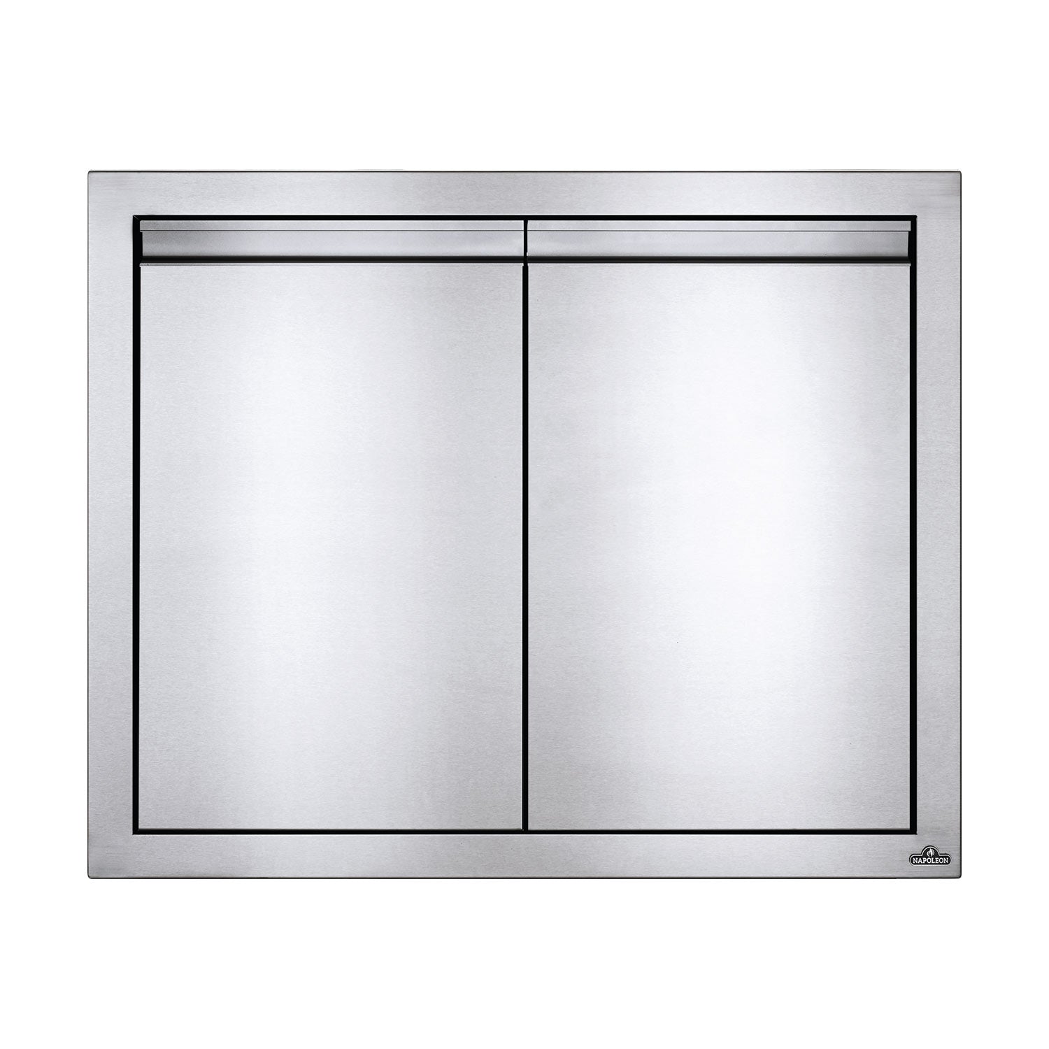 Double access doors with two hinged panels, dark border, brushed metal frame.