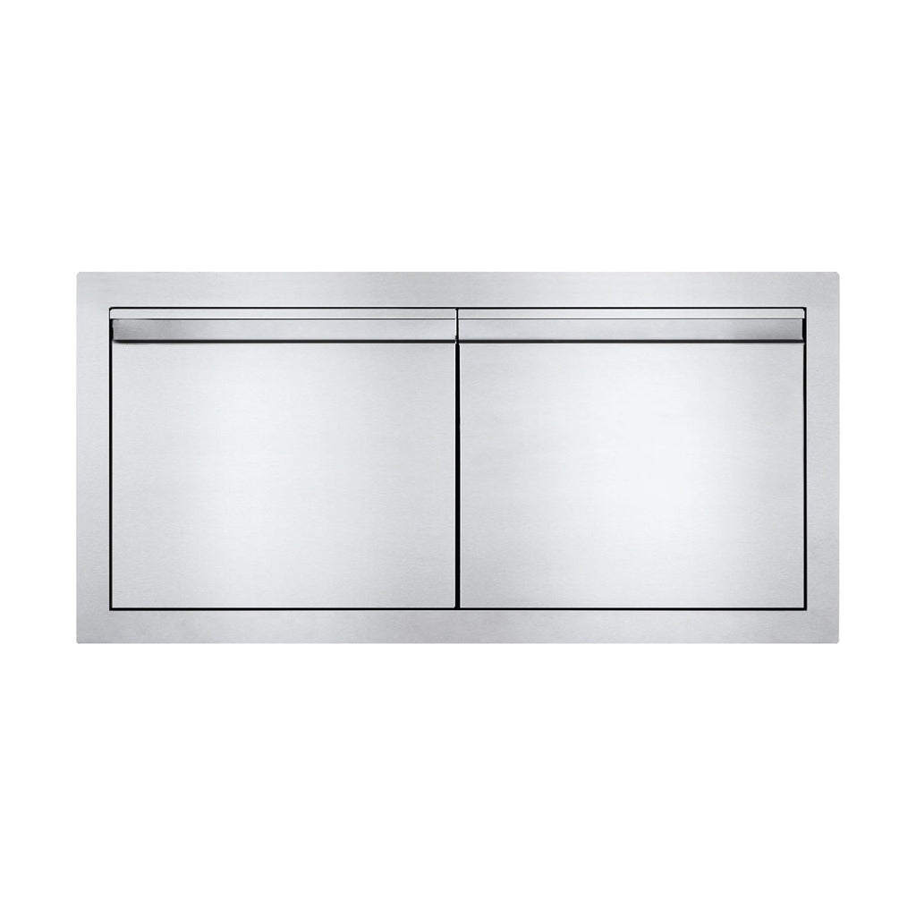Two-panel access doors with top horizontal bar and centered vertical seam