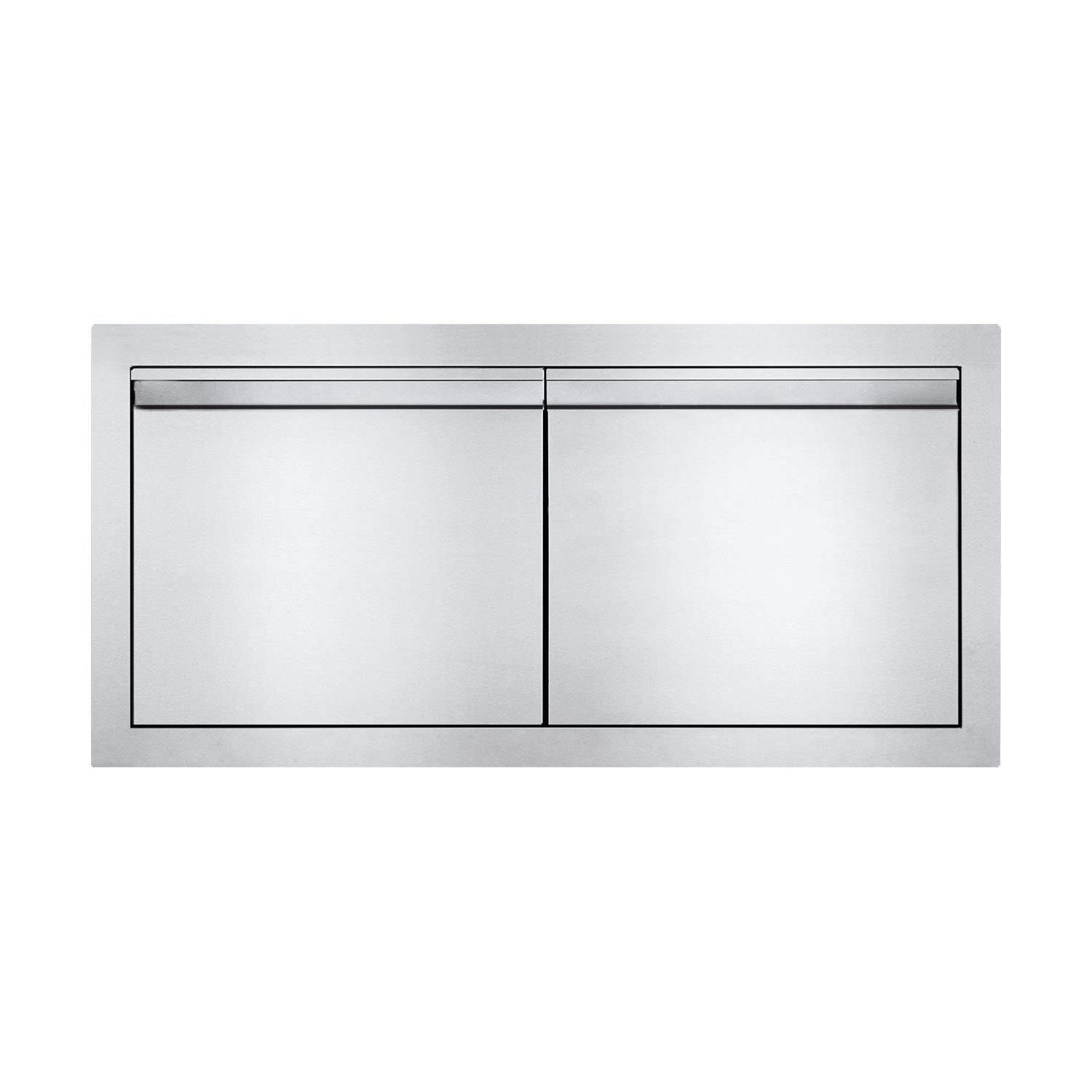 Two-panel access doors with top horizontal bar and centered vertical seam