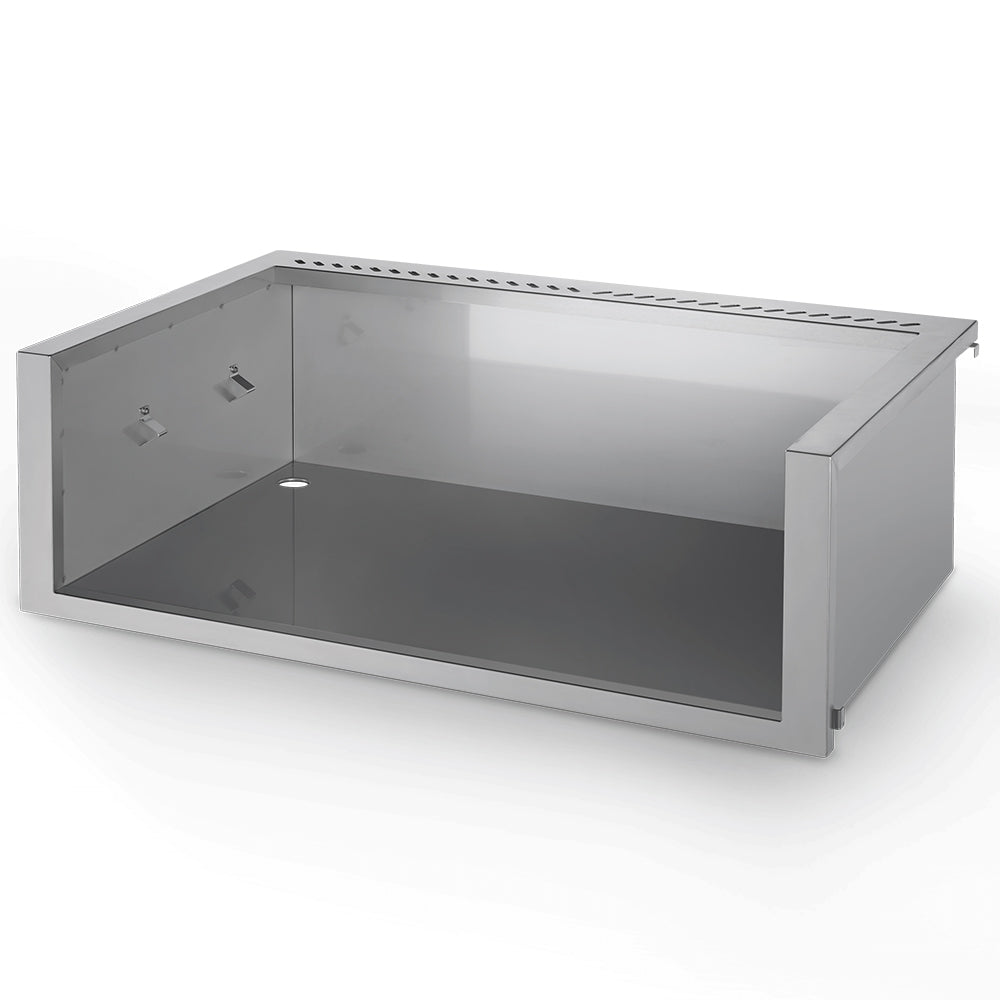 Stainless steel zero-clearance liner pan with open top and angled interior view