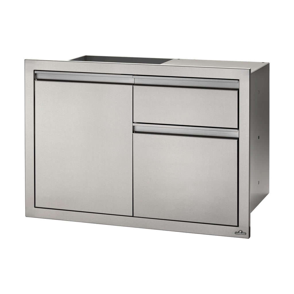 Stainless steel trash cabinet with single door and sliding drawers
