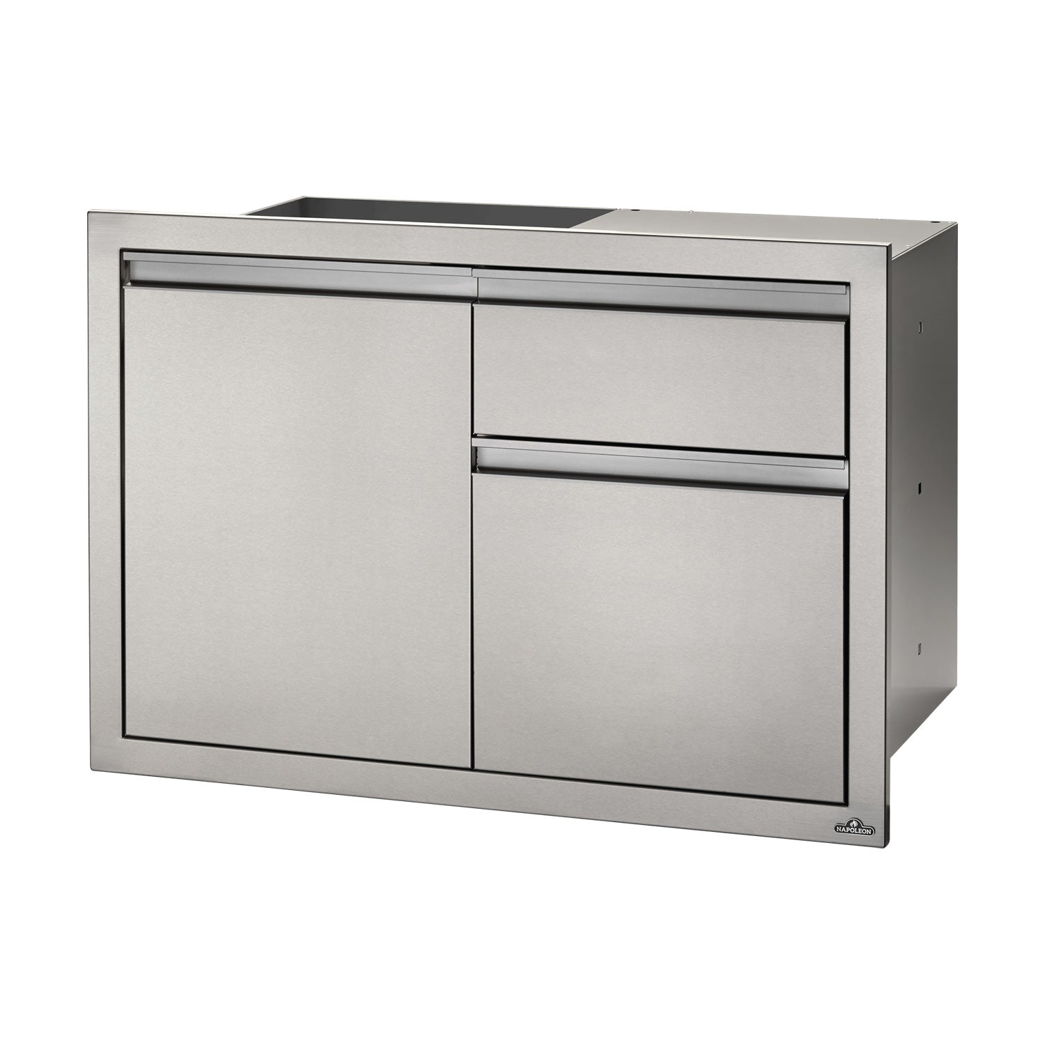 Stainless steel trash cabinet with single door and sliding drawers