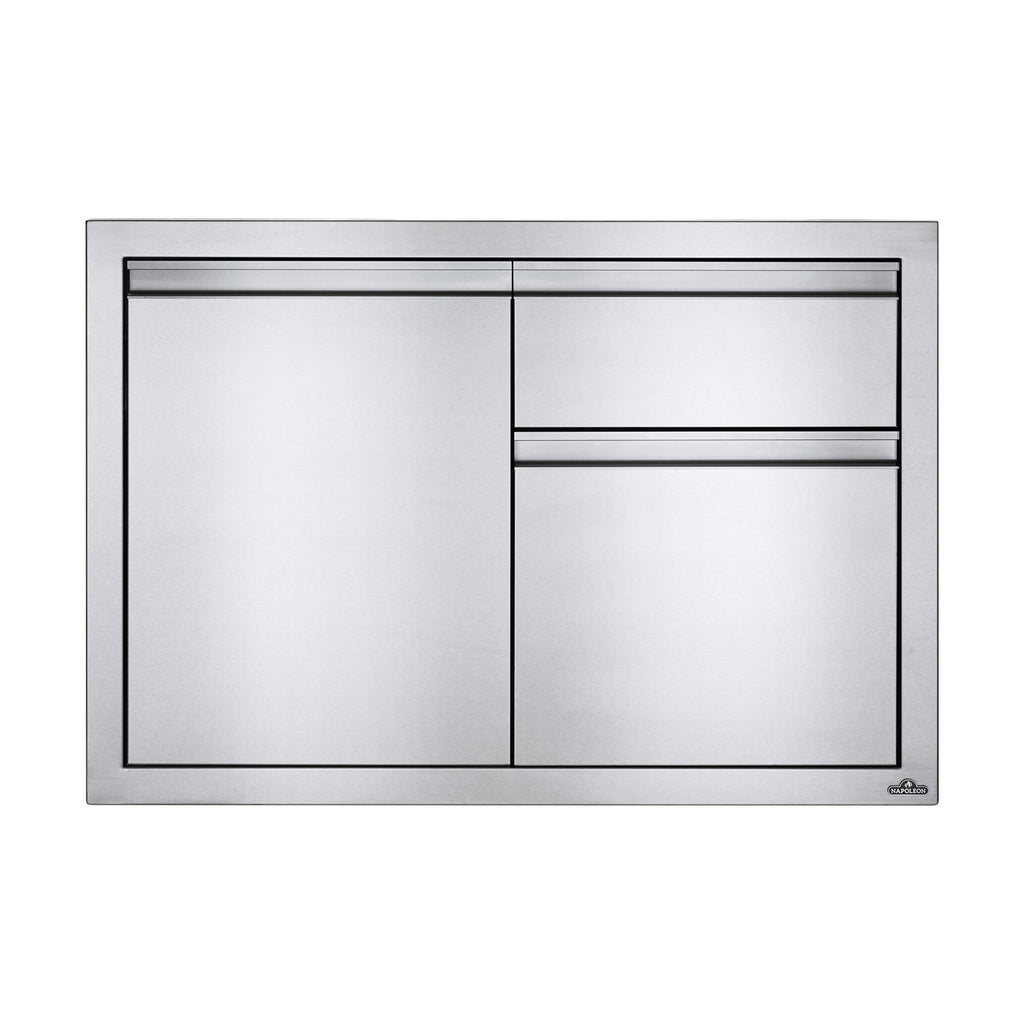 Stainless steel trash cabinet with single door and two-drawer compartment