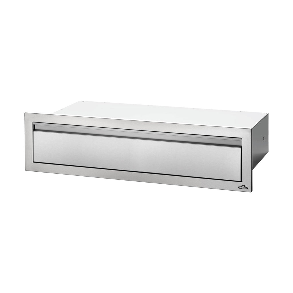 Metal single-drawer housing with rectangular front panel and handle, light silver.