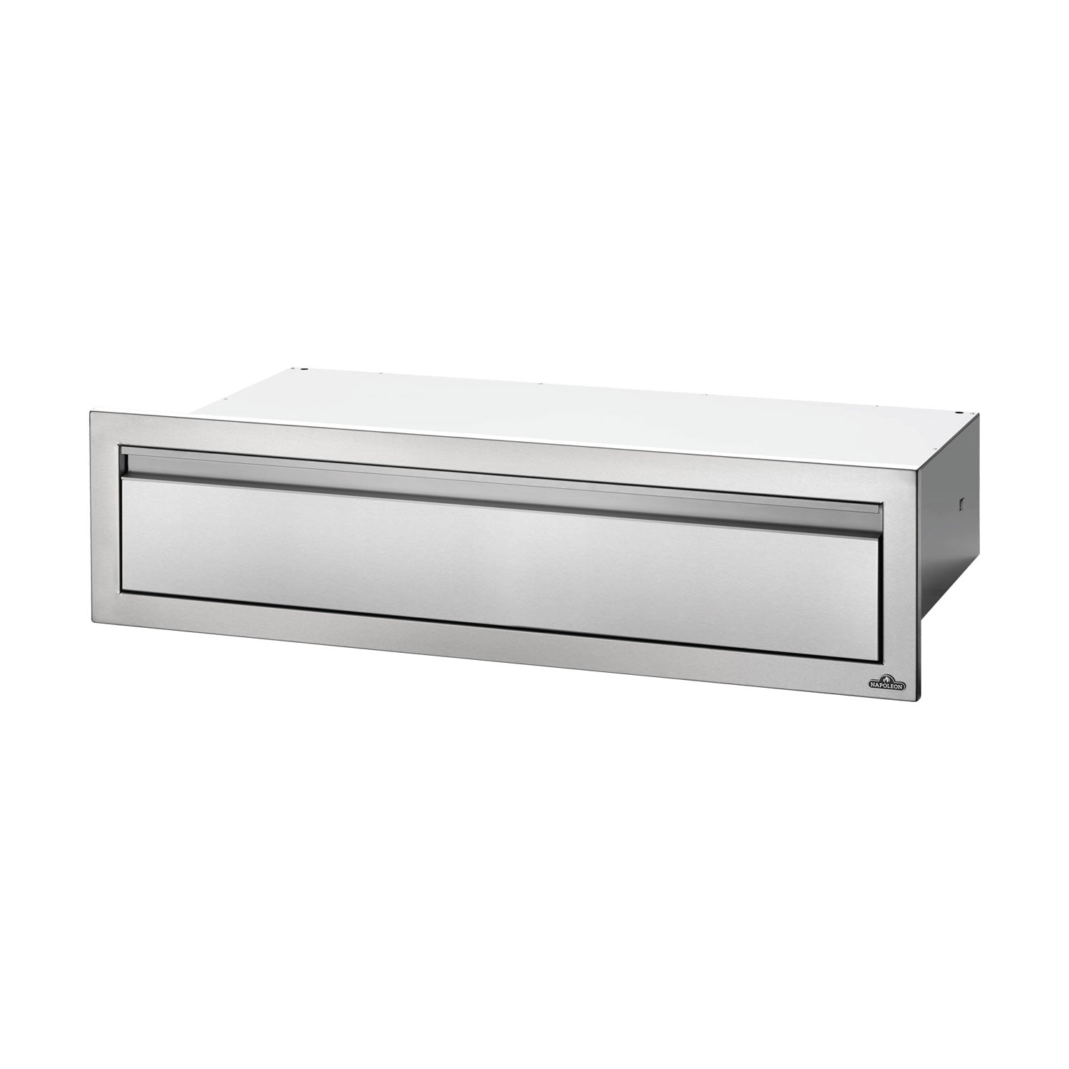 Metal single-drawer housing with rectangular front panel and handle, light silver.