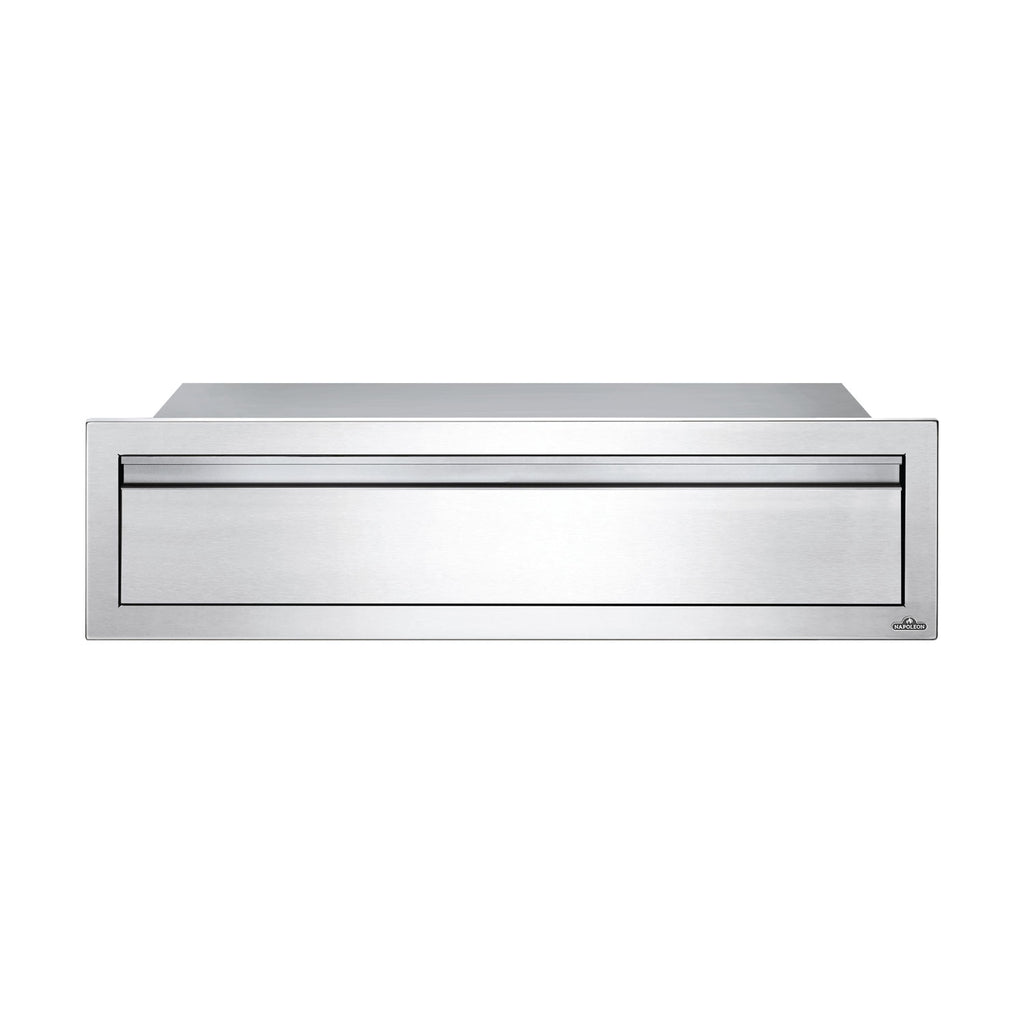Single-drawer housing with horizontal trim lines and long rectangular pull, silver.