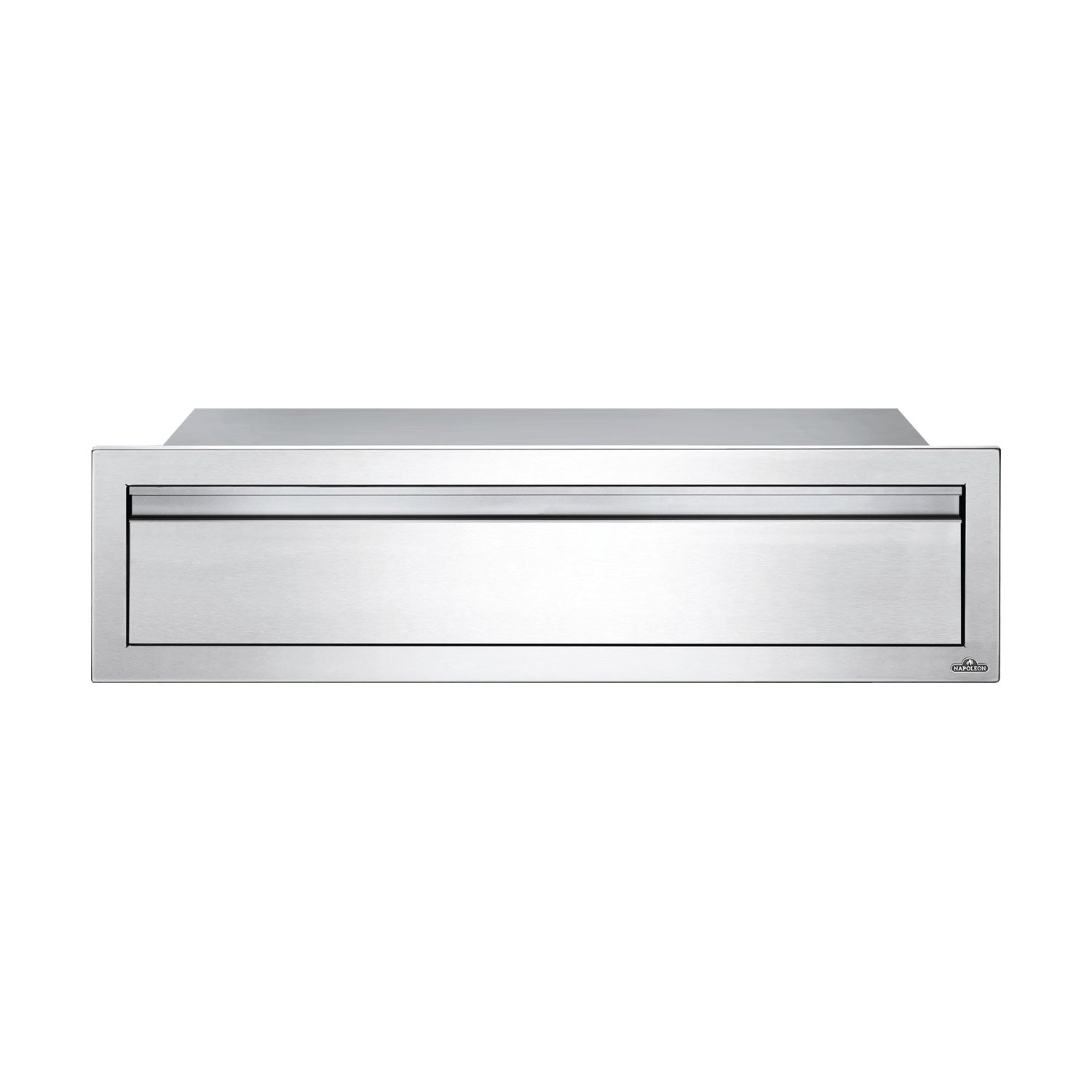 Single-drawer housing with horizontal trim lines and long rectangular pull, silver.