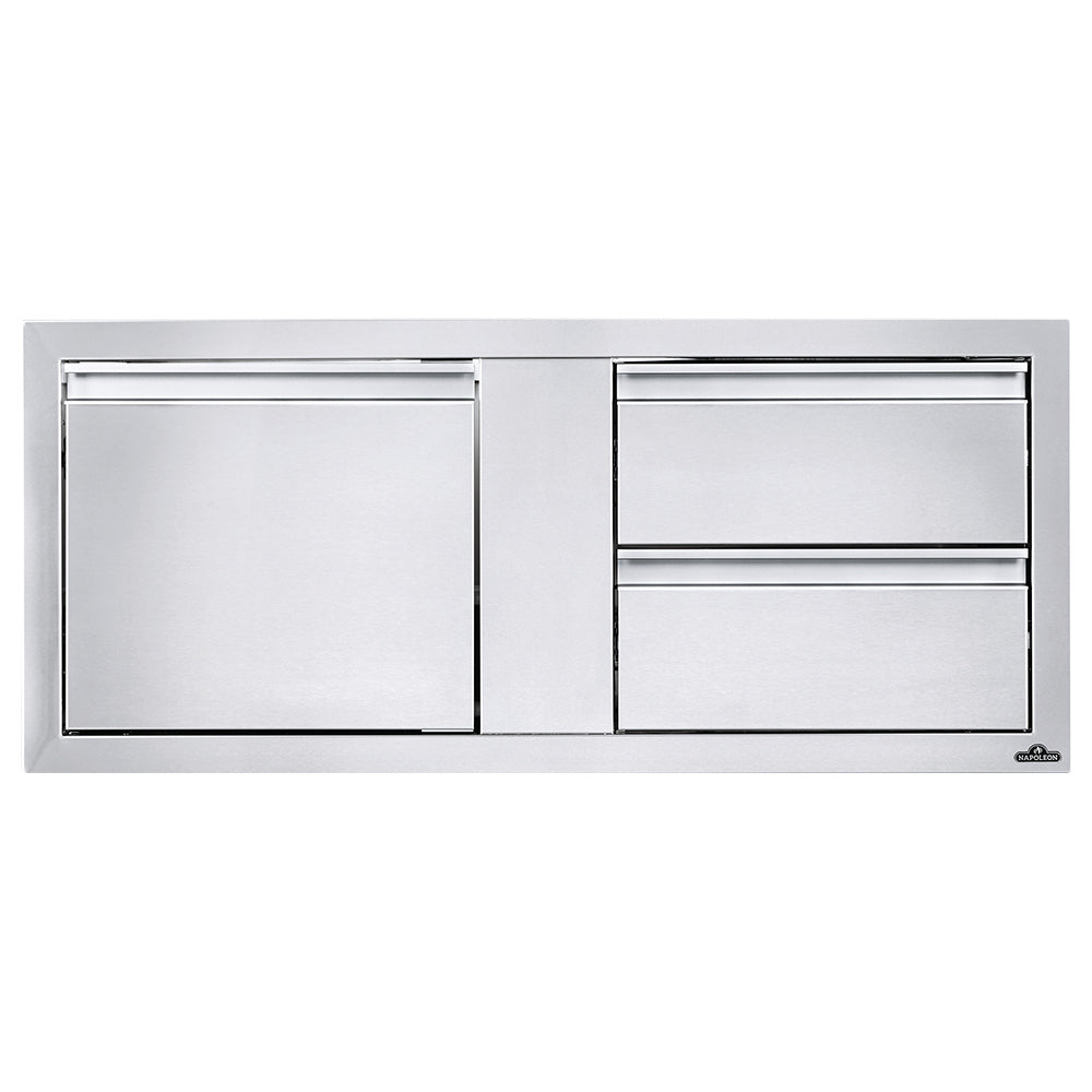 Stainless steel cabinet with single door and two drawers, flat rectangular handles