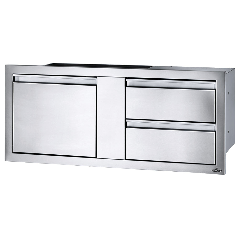 Stainless steel cabinet with single door and two drawers, wide drawer fronts