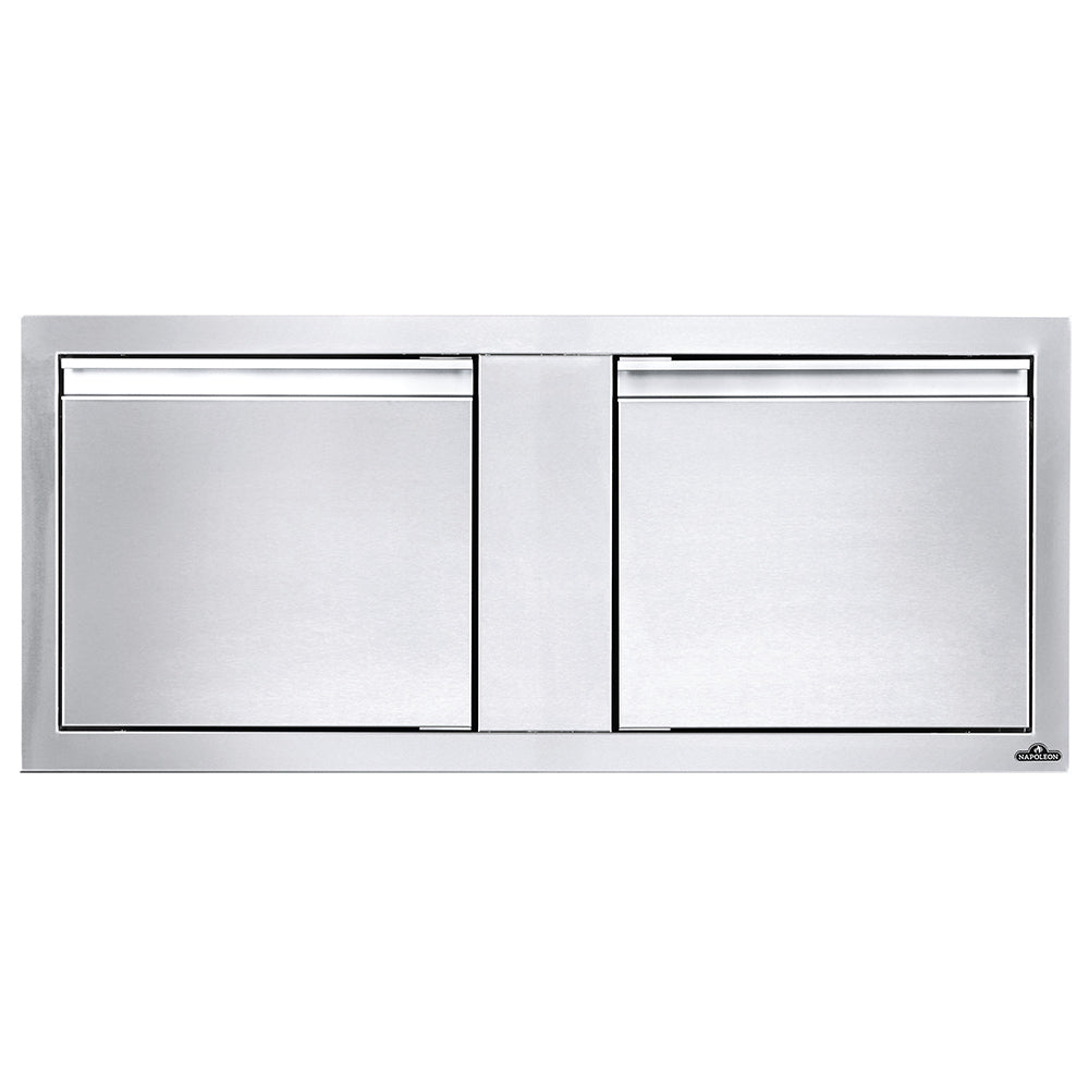 Stainless steel double-door cabinet front with two square doors and center latch