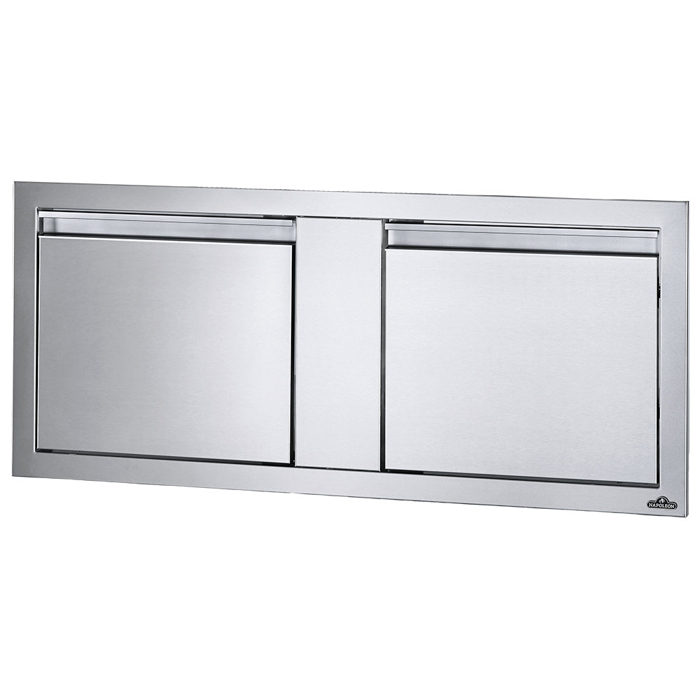 Stainless steel double-door cabinet with two front doors and central divider
