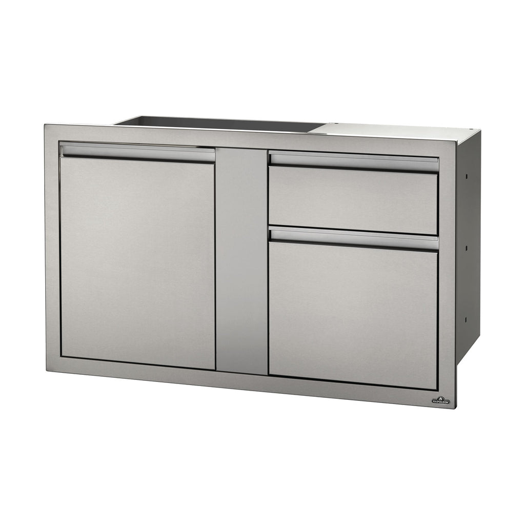 Metal cabinet base with one door and drawer, silver-gray finish
