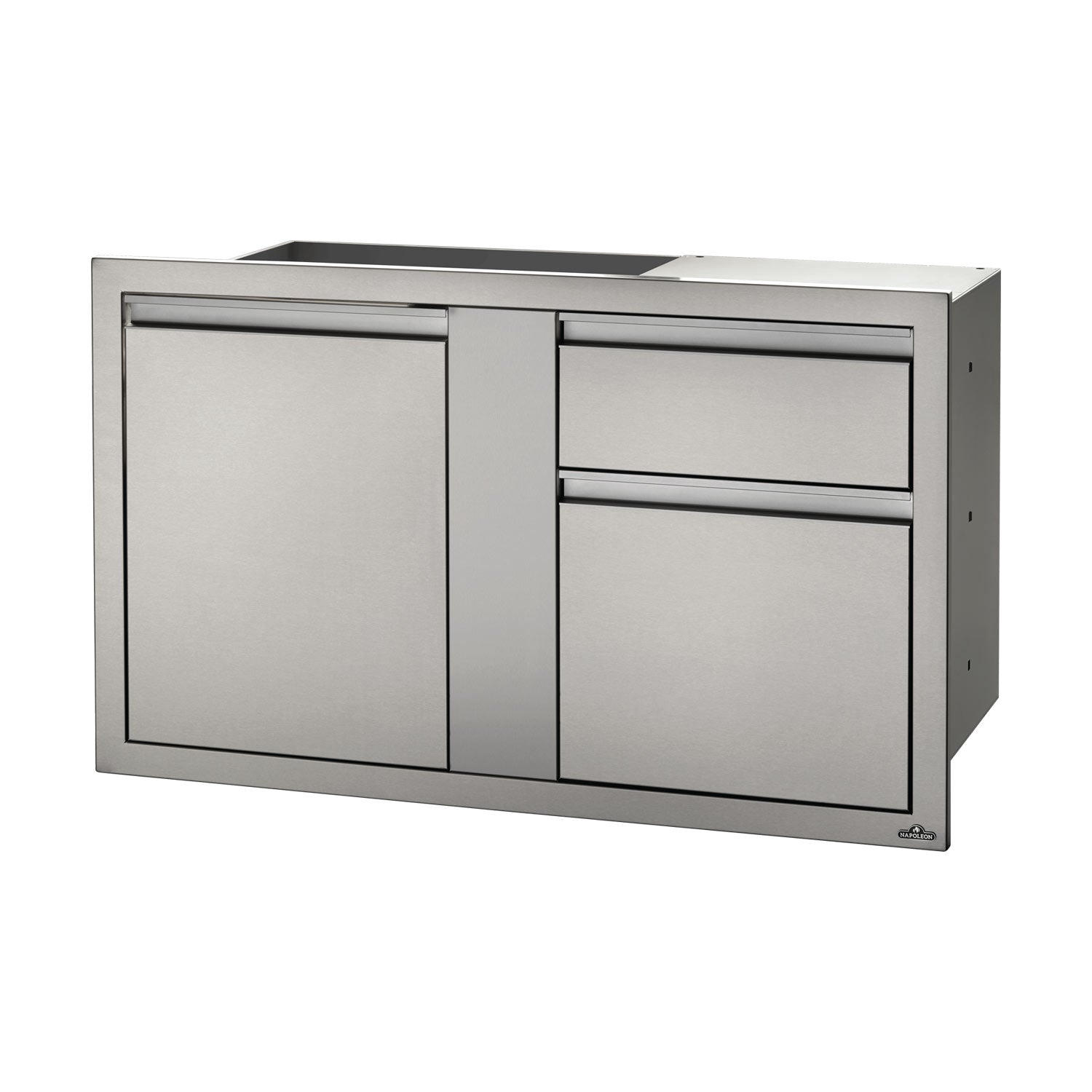 Metal cabinet base with one door and drawer, silver-gray finish
