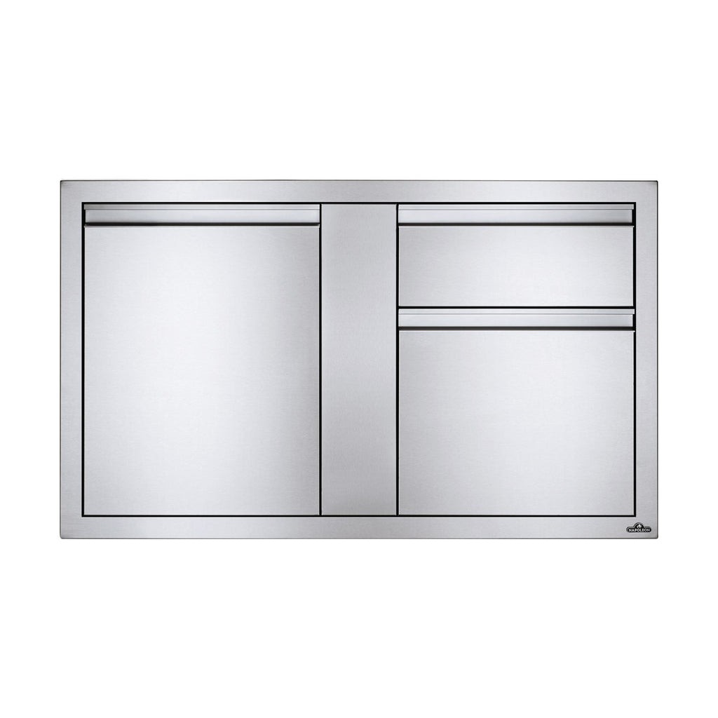 Metal cabinet front with one door and drawer layout, silver-gray