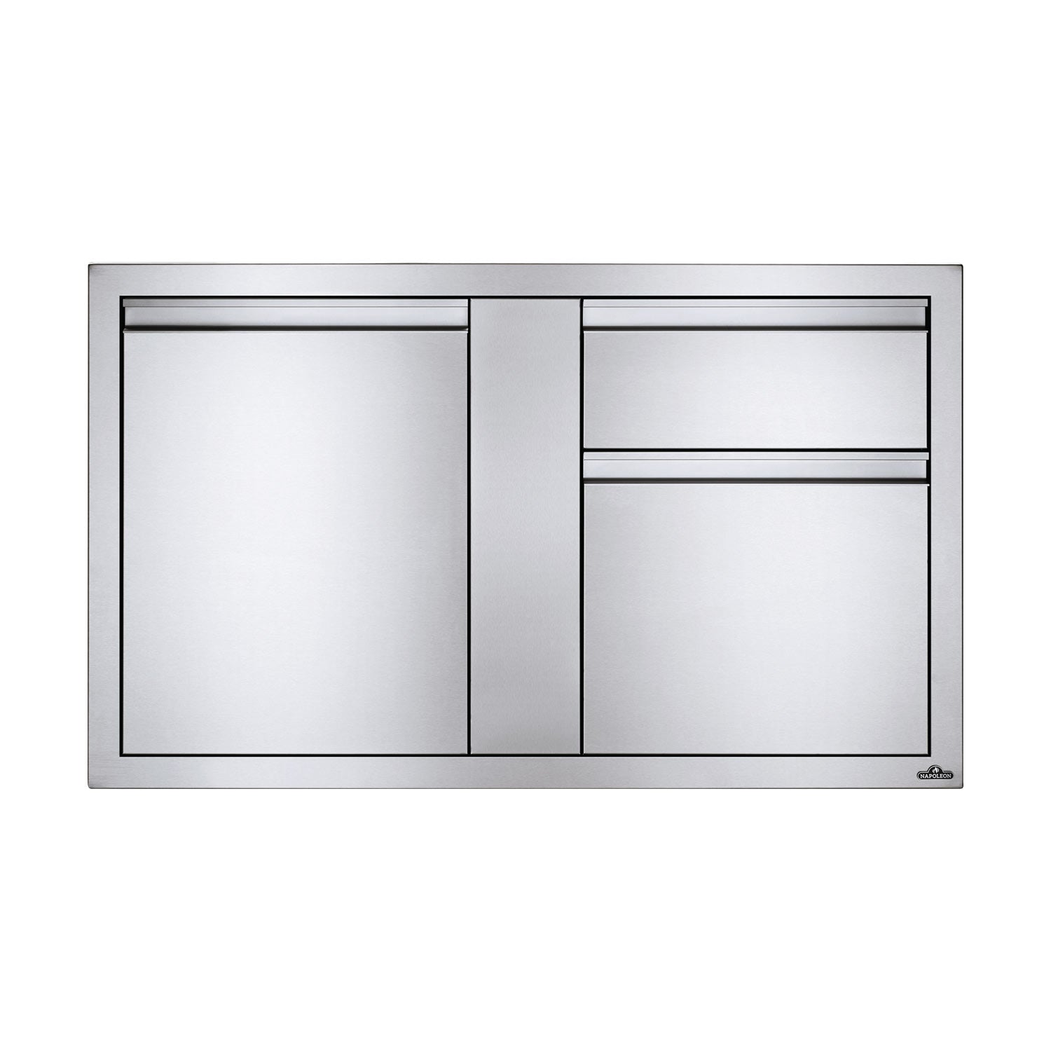Metal cabinet front with one door and drawer layout, silver-gray