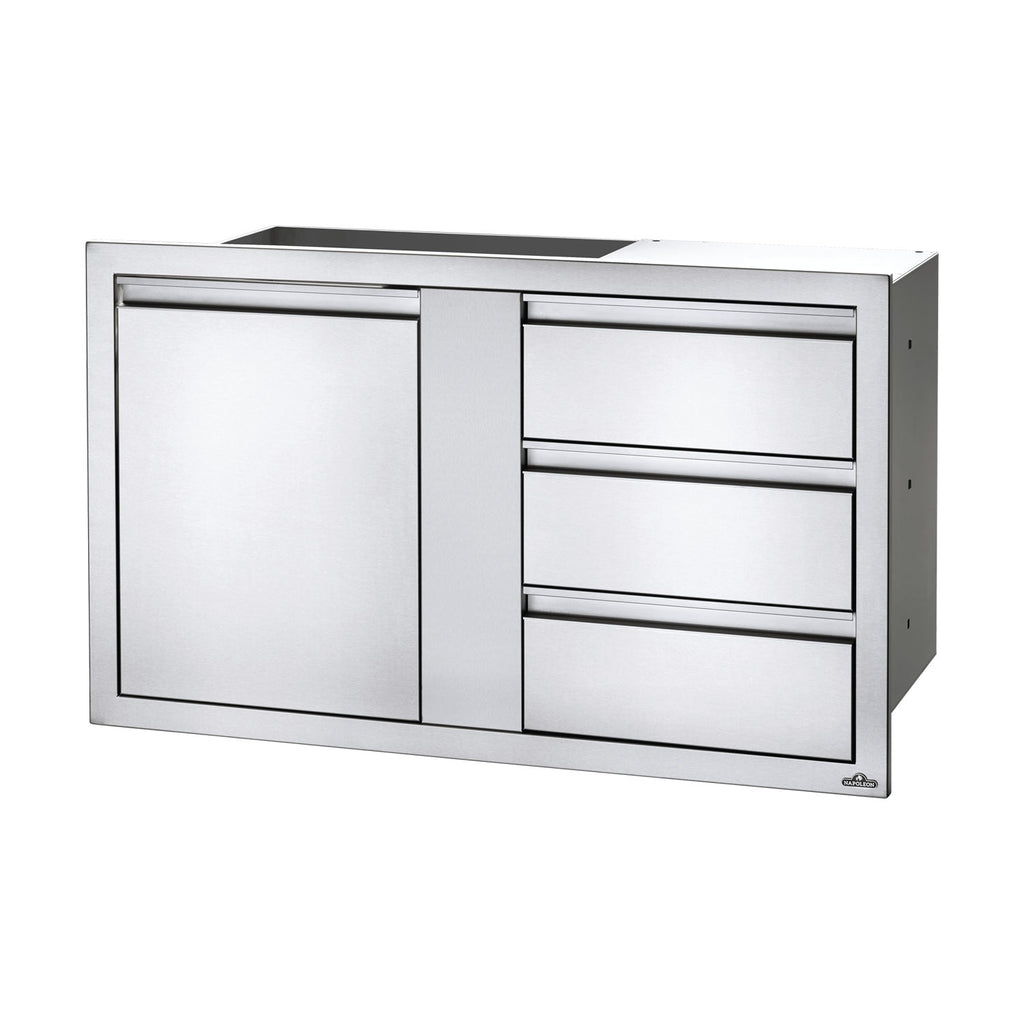 Metal cabinet with single door and three drawers, silver finish
