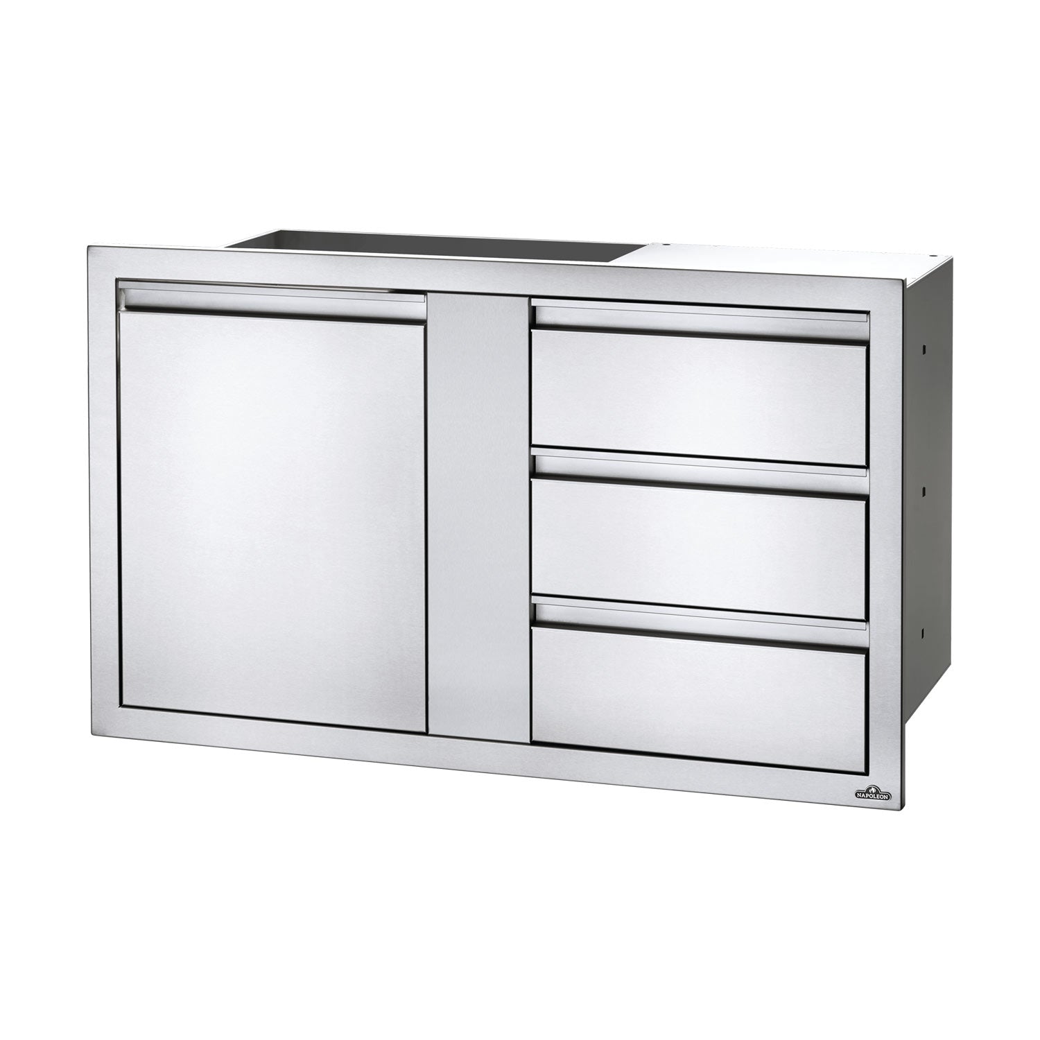 Metal cabinet with single door and three drawers, silver finish