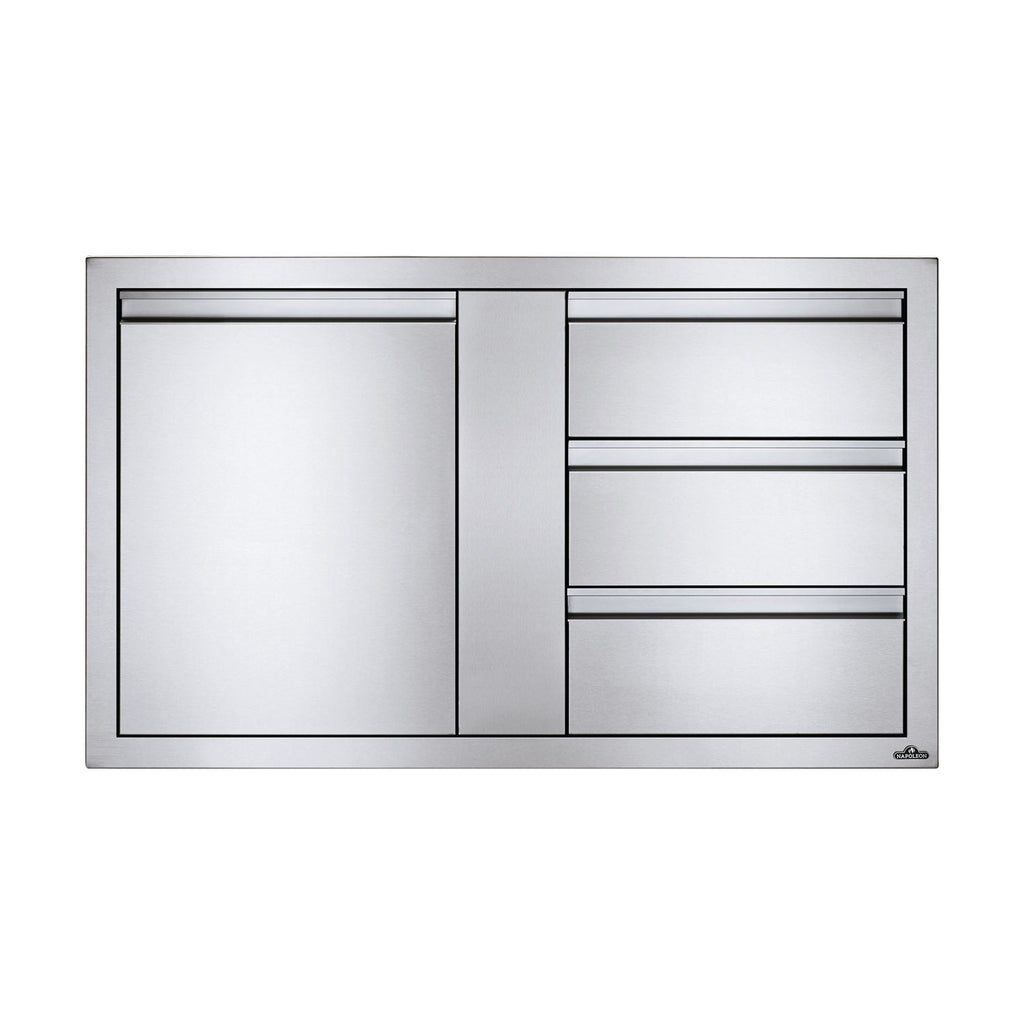 Metal cabinet front with single door and triple drawers, silver