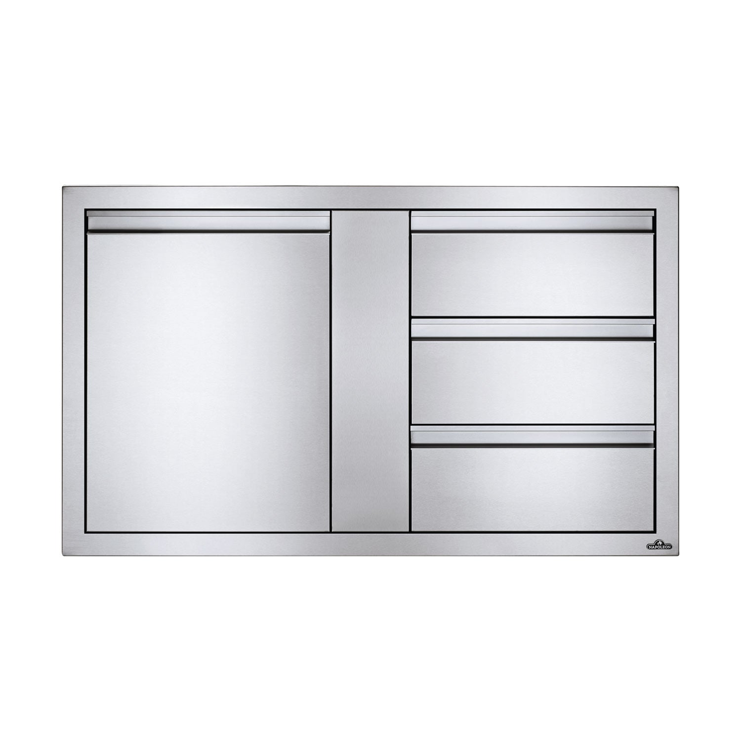 Metal cabinet front with single door and triple drawers, silver