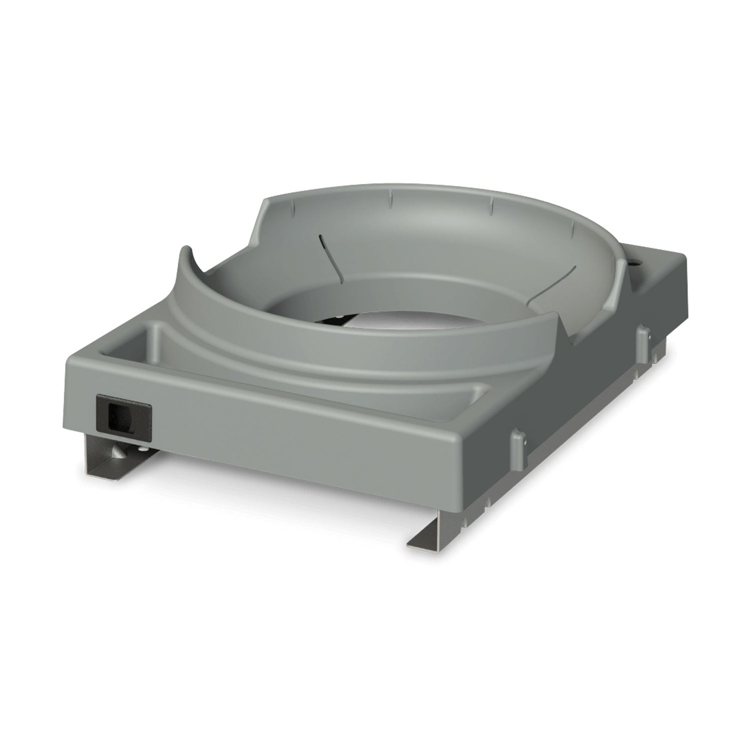 Gray slide-out propane tank tray with molded circular recess and side handles