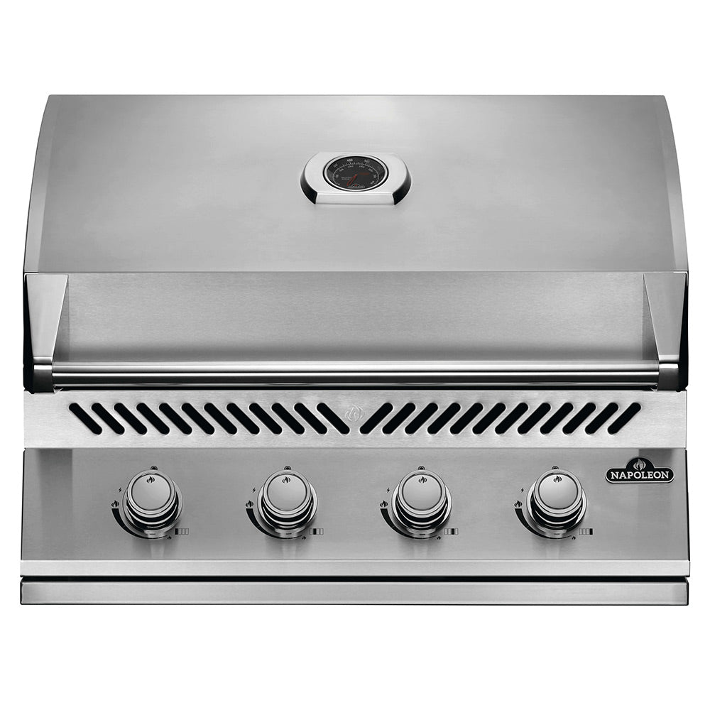Stainless steel built-in gas grill head with lid and four control knobs