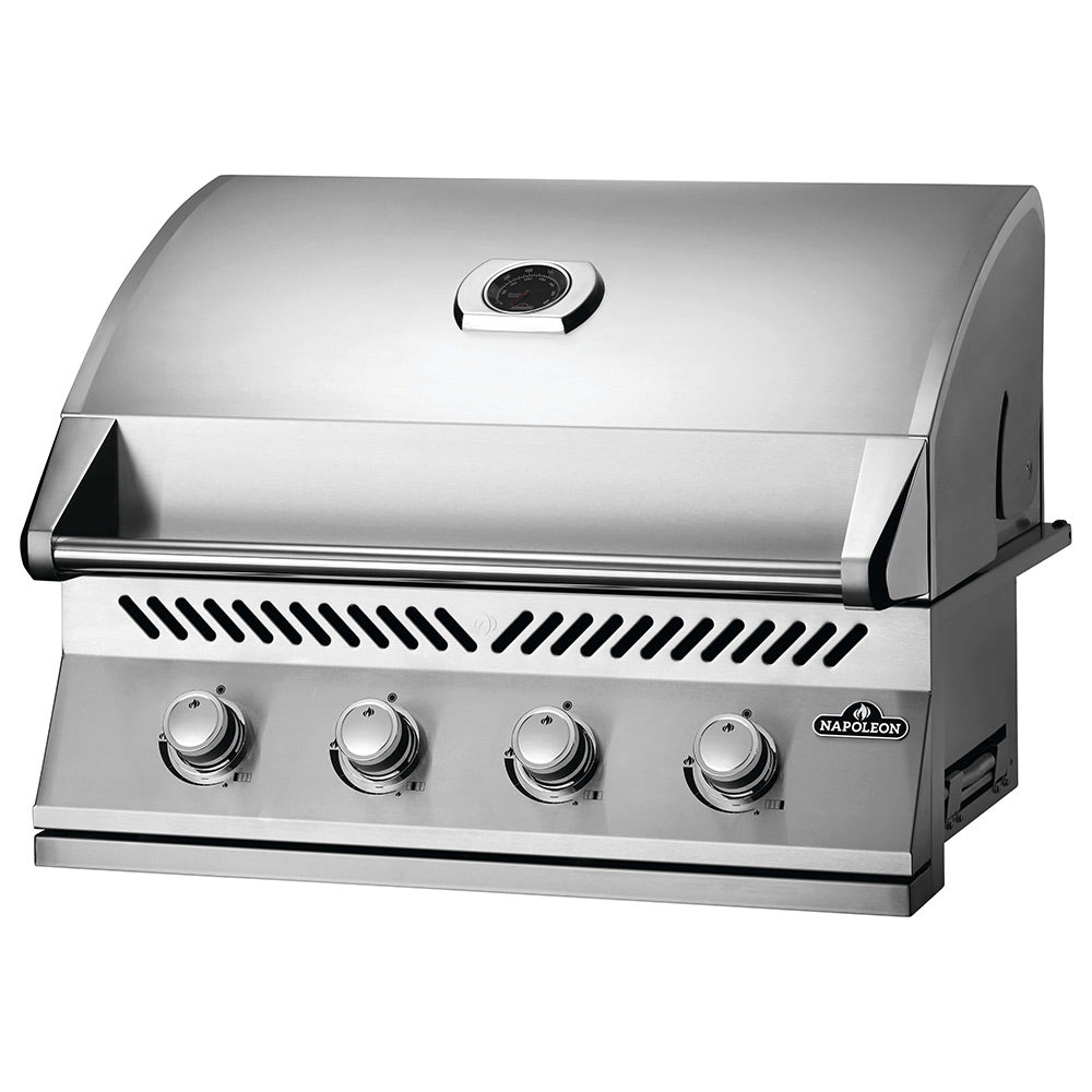 Stainless steel built-in gas grill head with lid, four knobs, and side control panel