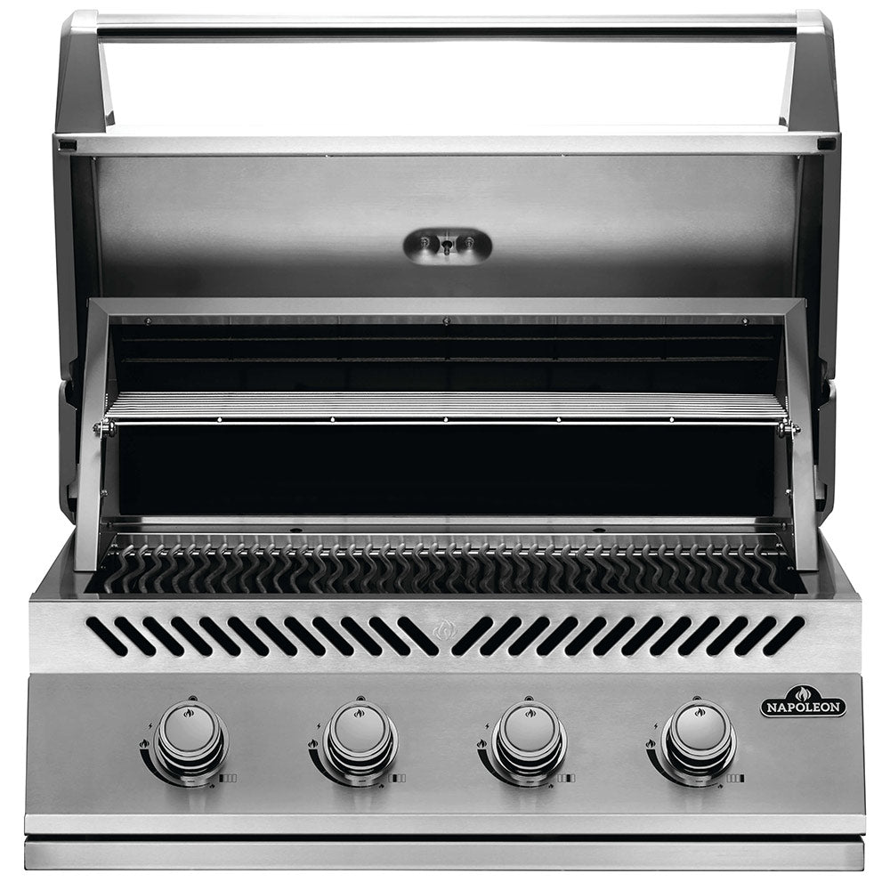 Stainless steel built-in gas grill with open lid showing cooking grates and drip area