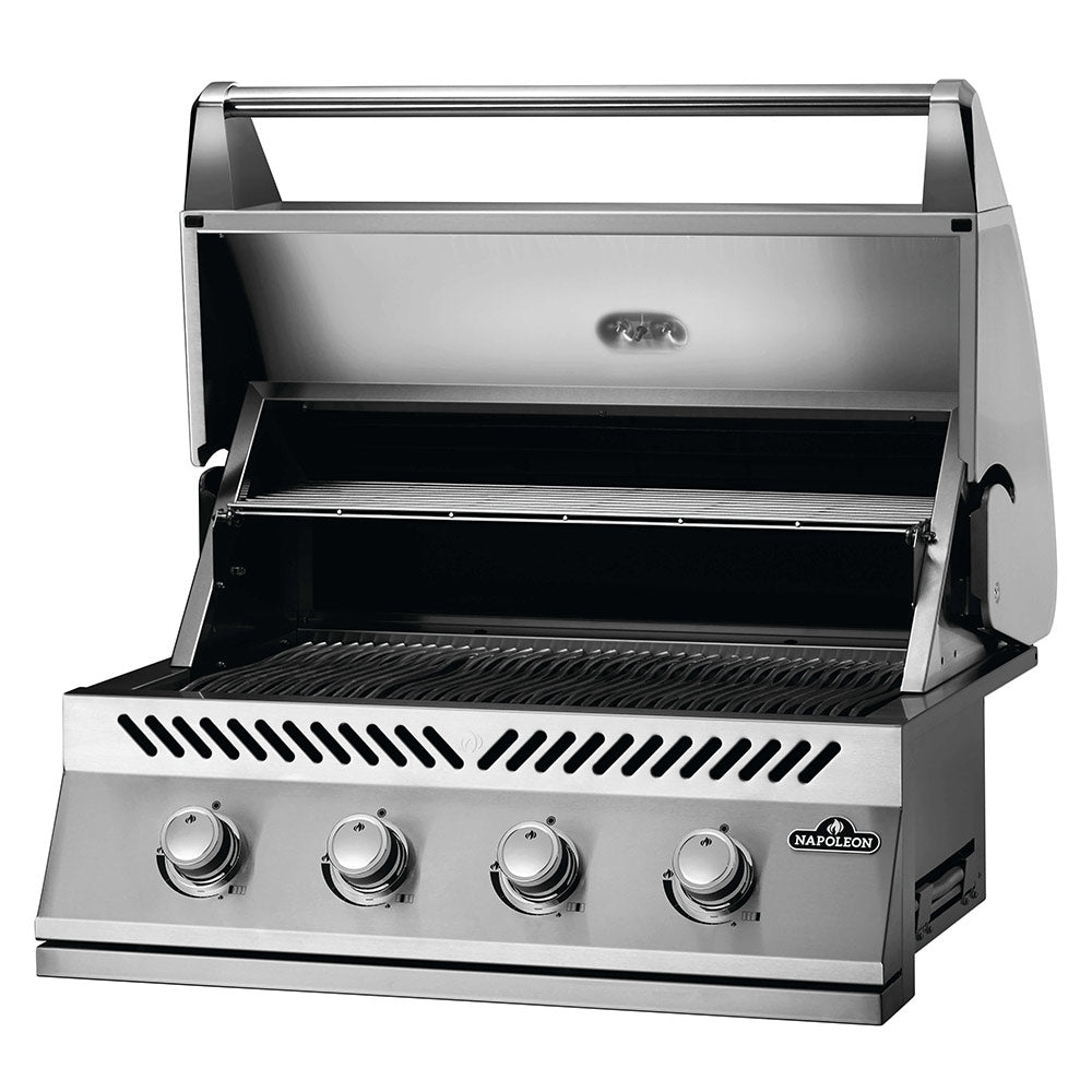 Stainless steel built-in gas grill with open lid and cast-style cooking grate