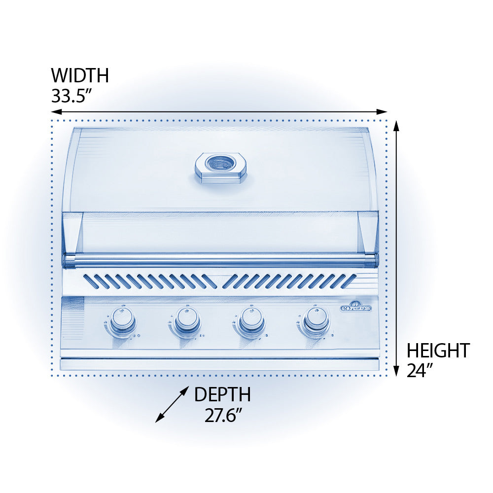 Stainless steel gas grill dimensions labeled: width 33.5", height 24", depth 27.6"