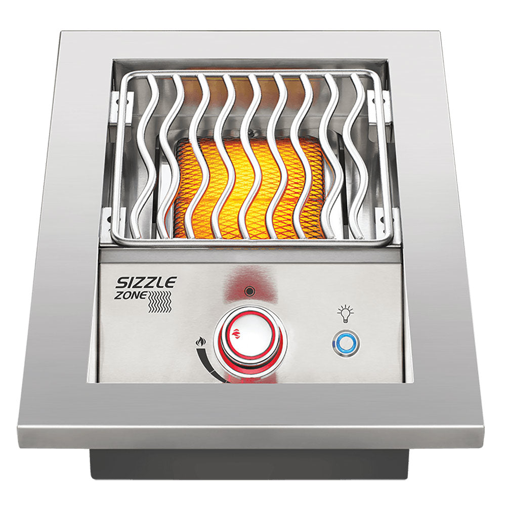 Stainless steel infrared burner with glowing orange heat lines and control knob