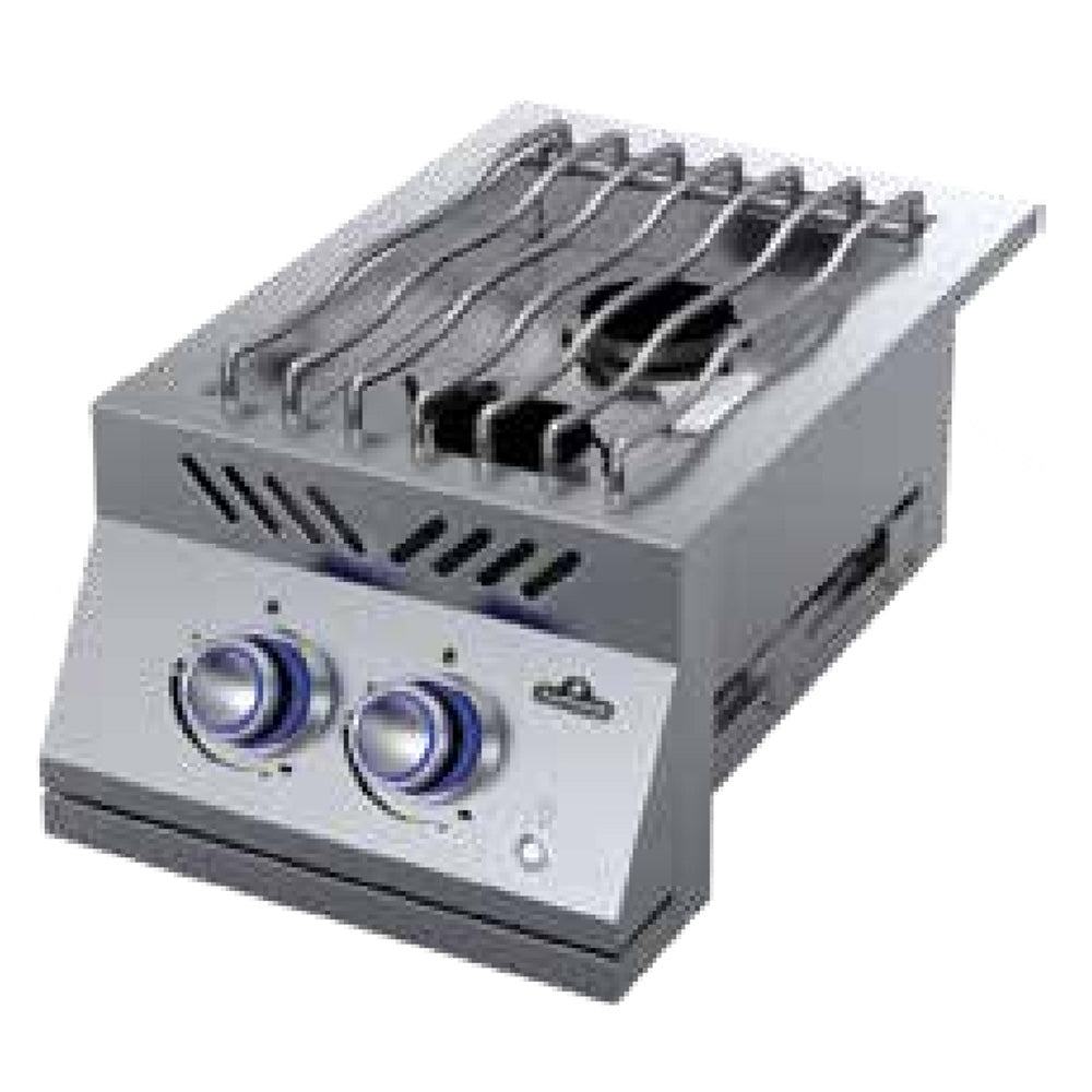 Stainless steel built-in dual range gas top burner with two blue control knobs and grates