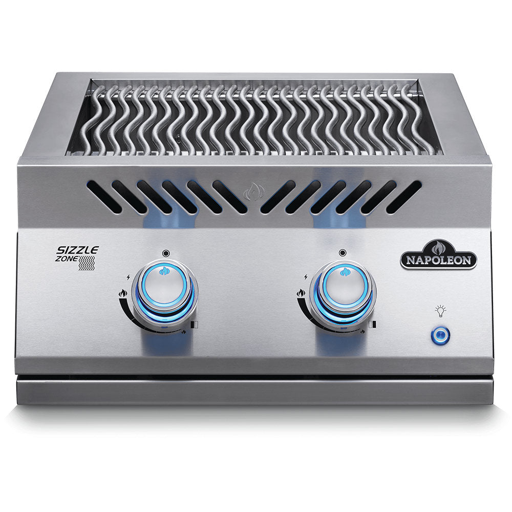 Stainless steel dual infrared burner with two knobs and vented warming channel