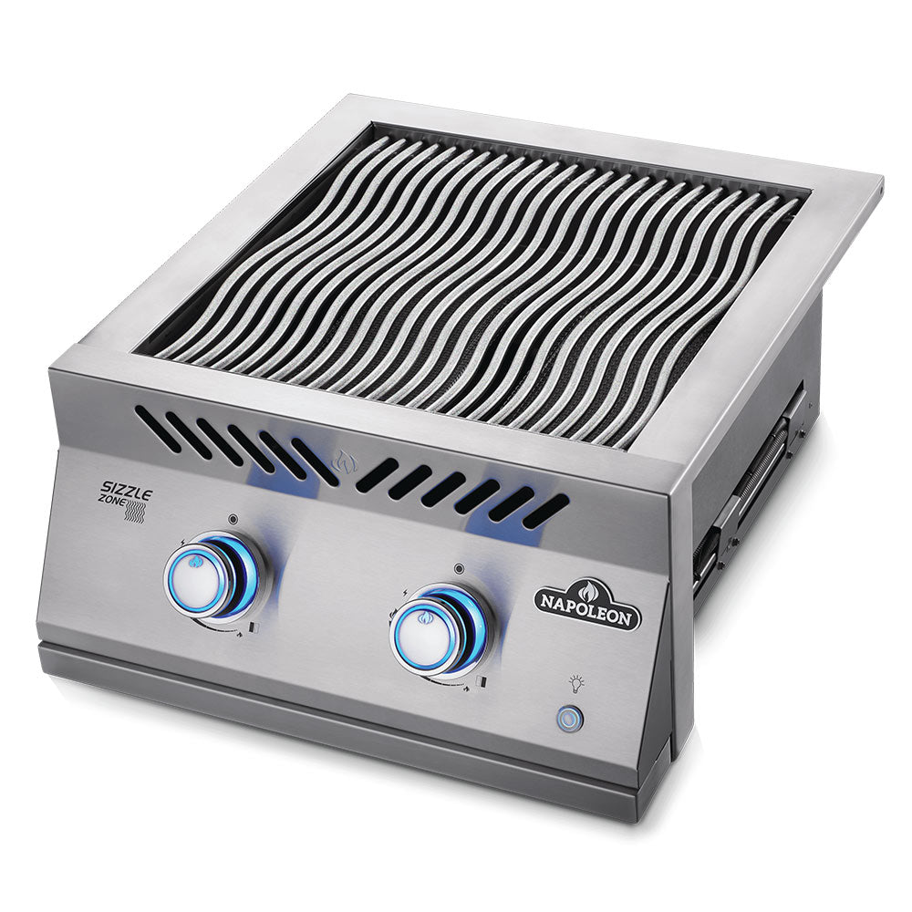 Stainless steel dual infrared burner with open infrared grate and two front control knobs