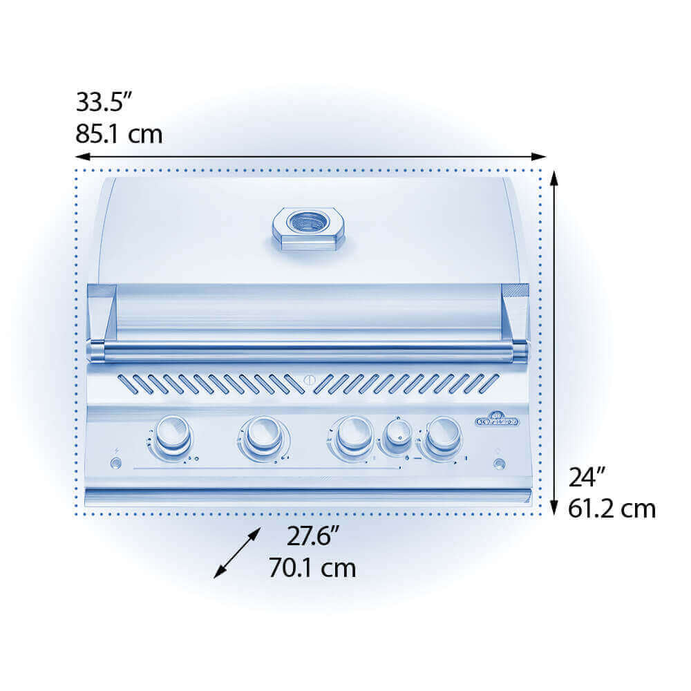 Gas grill head size diagram: 33.5 in wide, 24 in high, 27.6 in deep