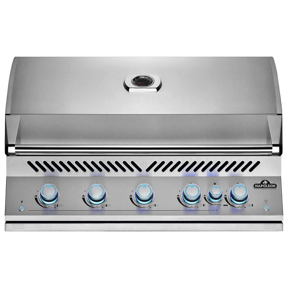 Stainless steel gas grill head with rear burner vent and six blue control knobs