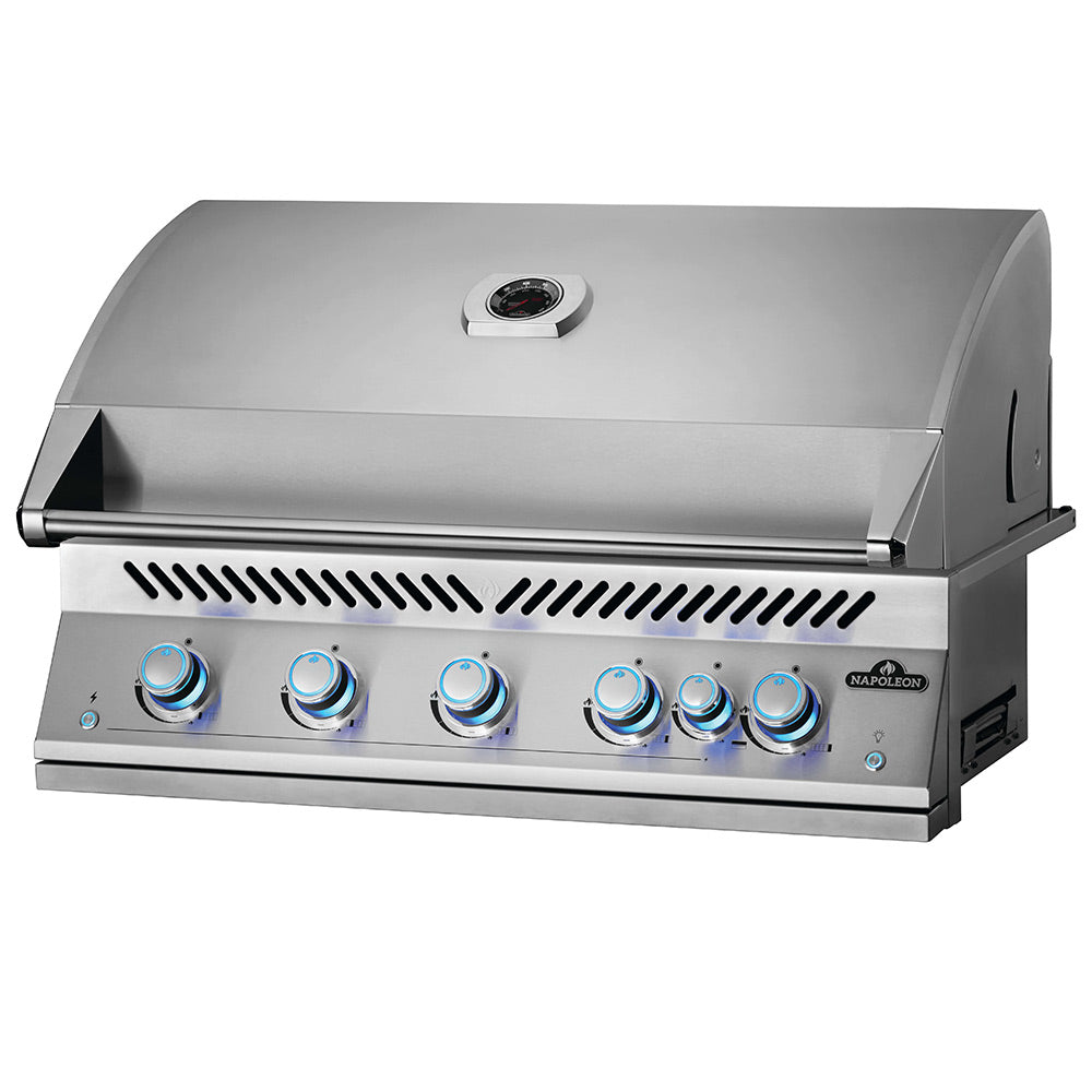 Stainless steel built-in gas grill head with lid, vent slots, and control knobs