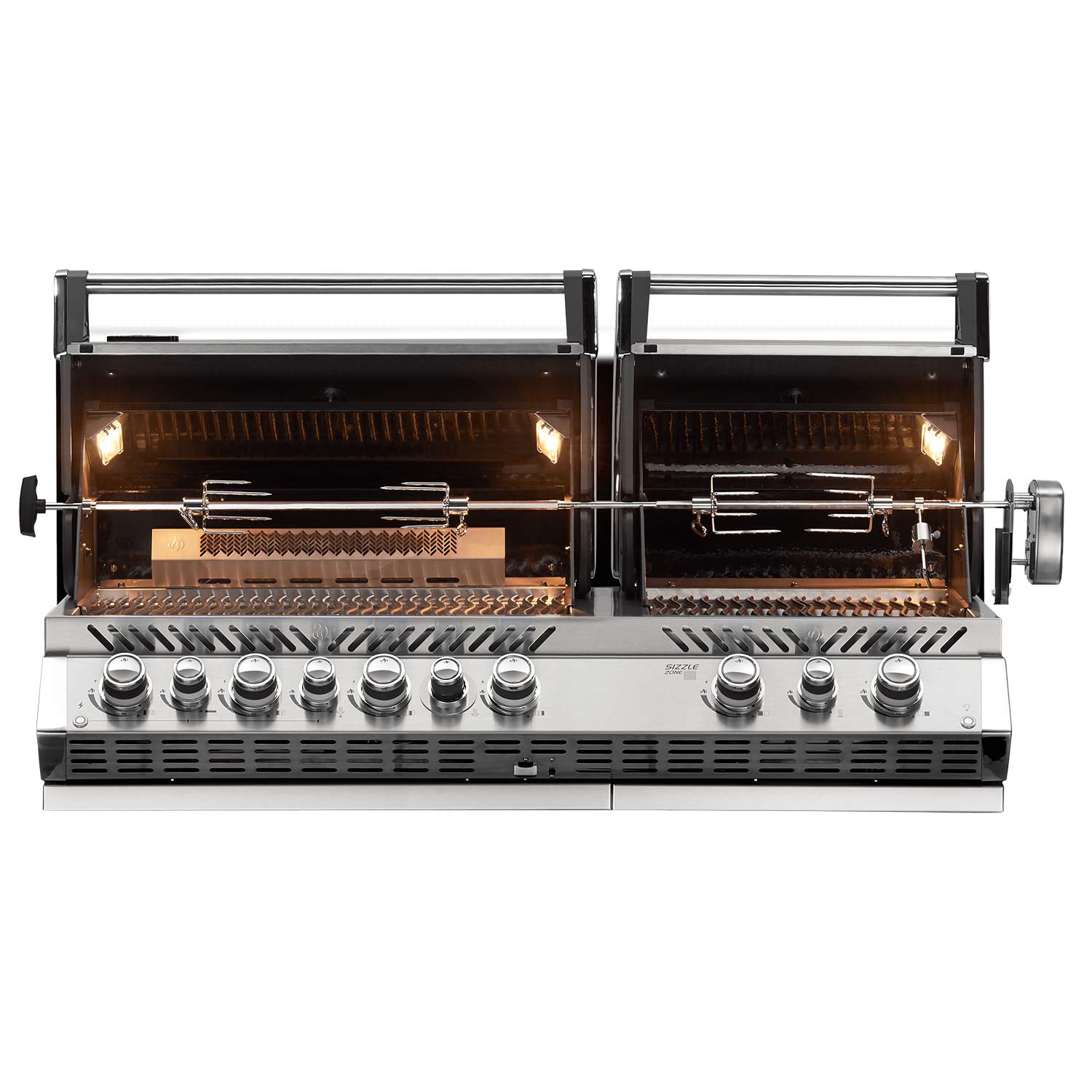 Built-in gas grill with rotisserie shown open with interior racks and burners
