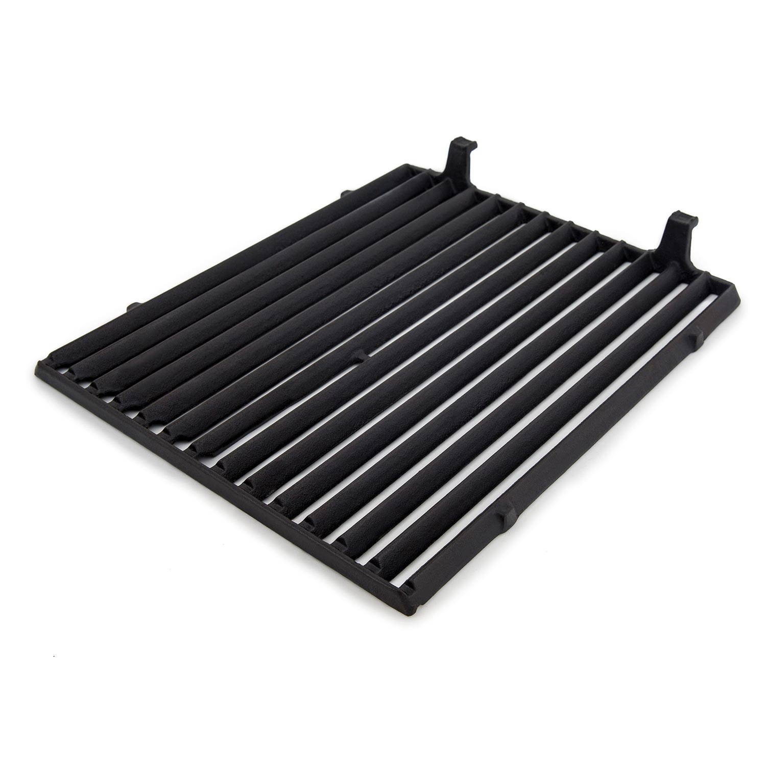 Cast iron cooking grid with raised bars and corner support tabs, dark gray