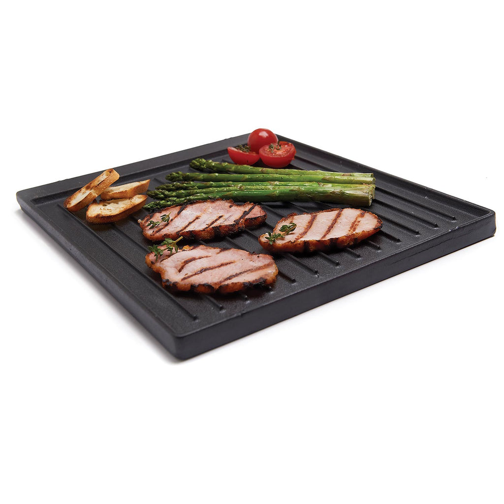 Cast iron griddle with raised ridges, black finish, rectangular grilling surface