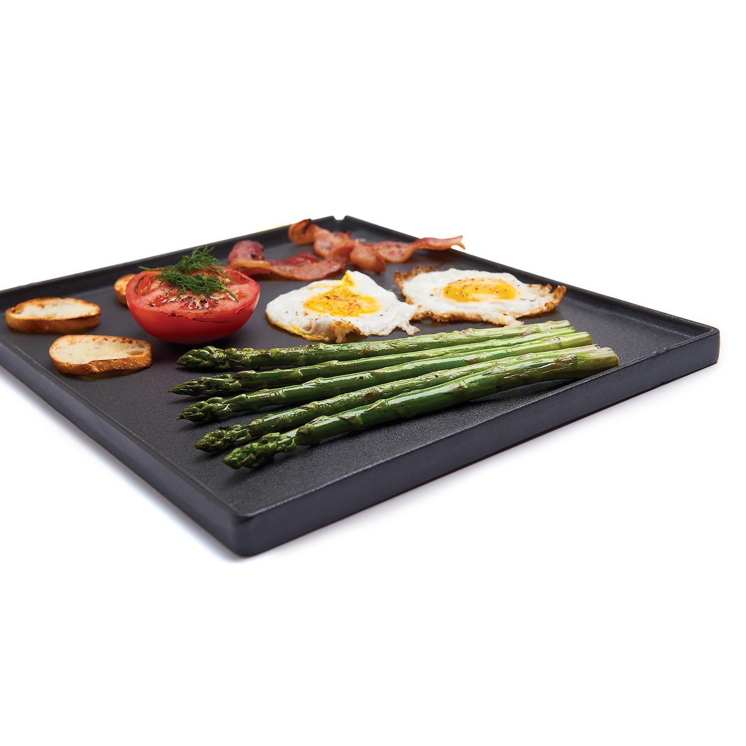 Cast iron griddle with ridged grilling surface, black rectangular pan