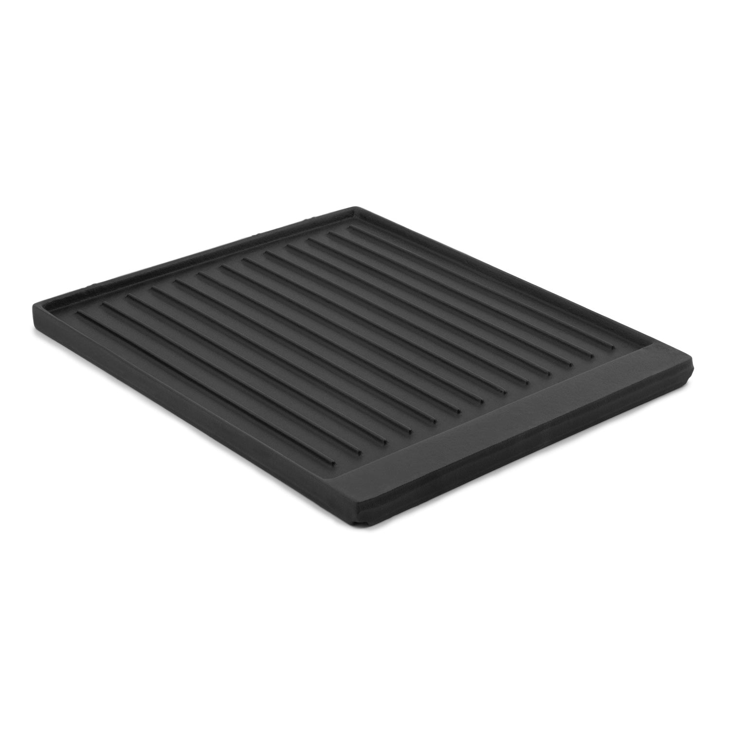 Black cast iron griddle with parallel raised grill ridges, rectangular shape