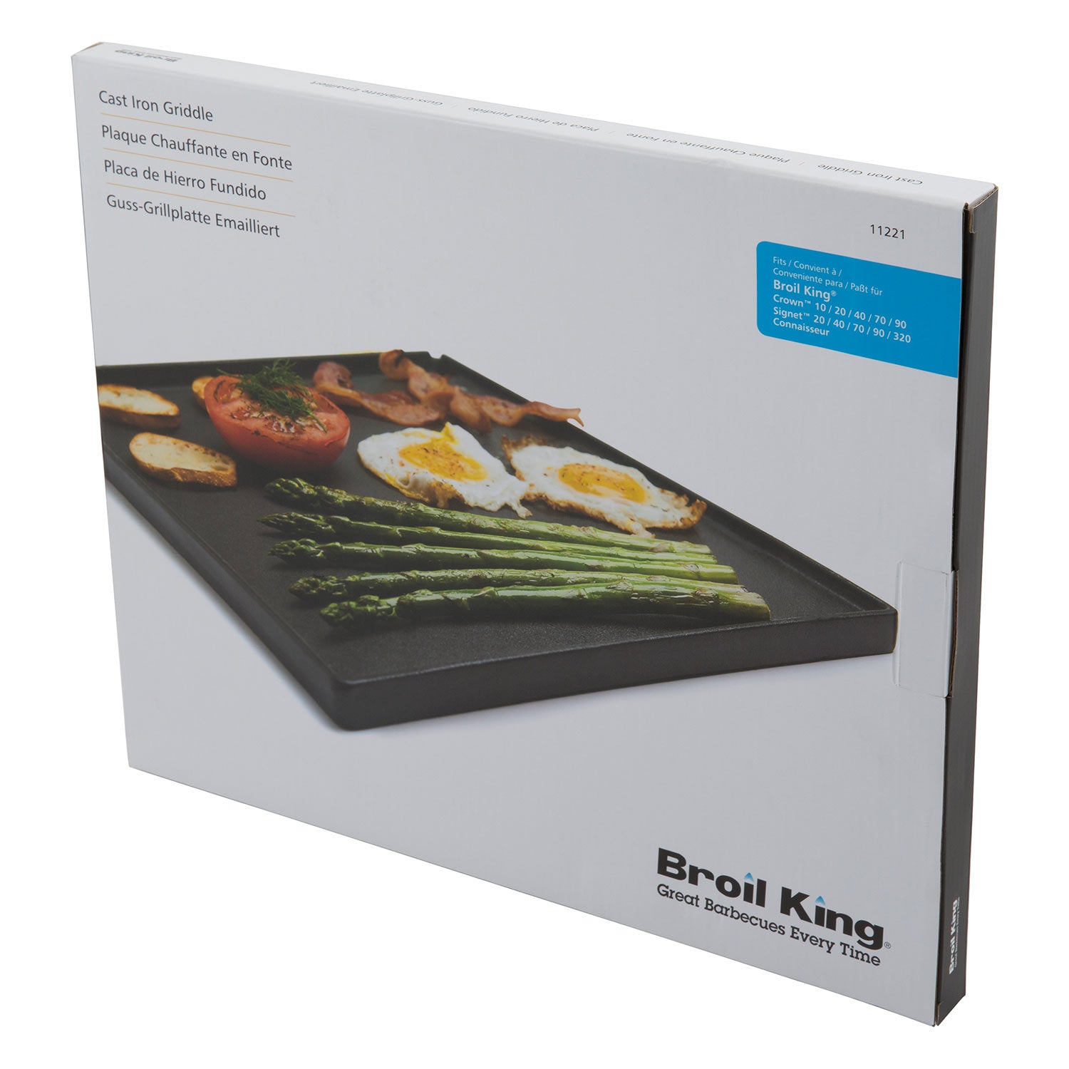 Broil King cast iron griddle retail box with product photo and label