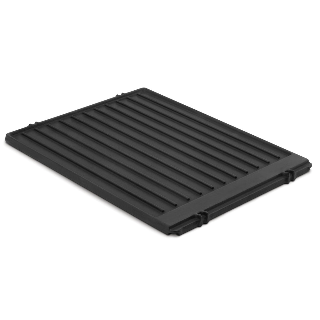 Cast iron griddle plate with ridged cooking surface and side handles