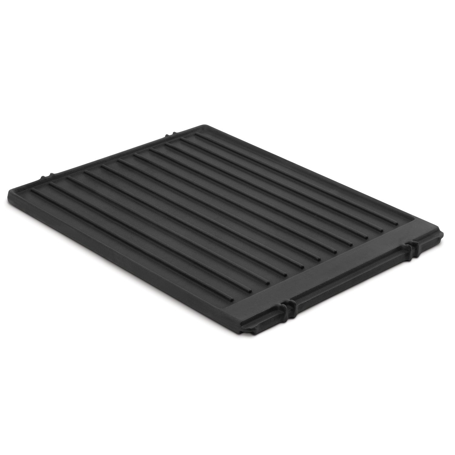 Cast iron griddle plate with ridged cooking surface and side handles