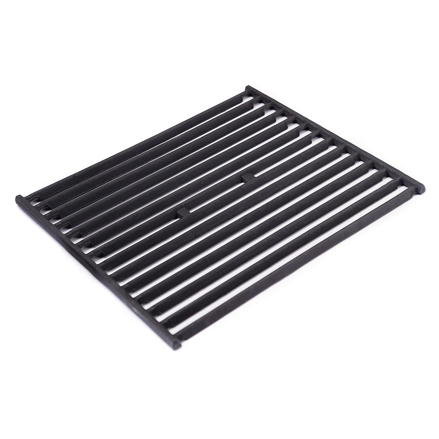 Cast iron cooking grid with parallel bars and side mounting tabs, dark gray