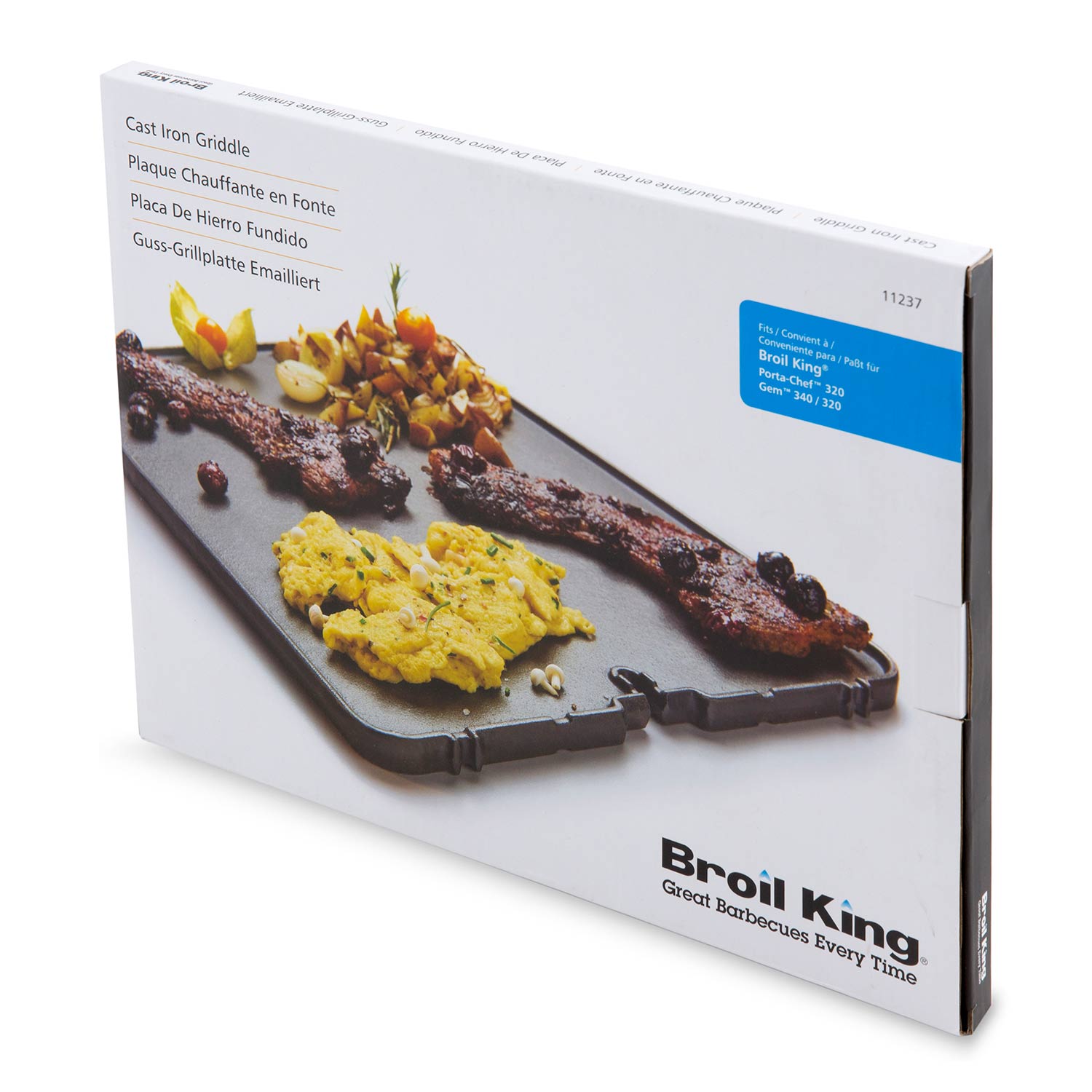 Broil King cast iron griddle retail box with griddle shown
